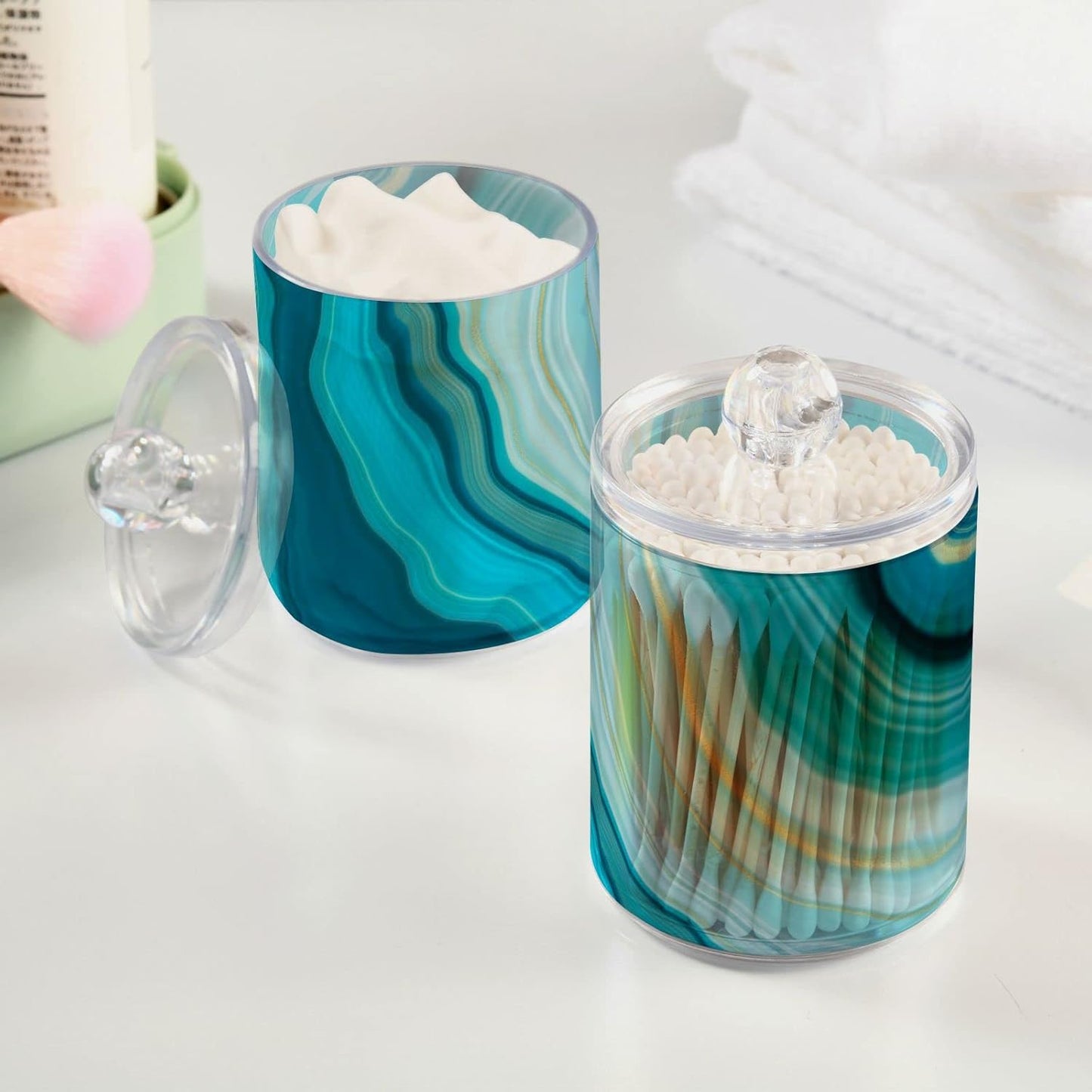 2 Pack Qtip Holder Dispenser Teal Turquoise Blue Marble Bathroom Storage Canister Lid Acrylic Plastic Apothecary Jar Set Vanity Makeup Organizer for Cotton Swab/Ball/Round Pads, Floss