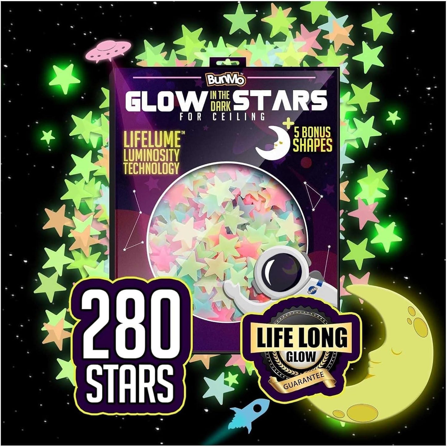 BUNMO 280pcs Glow in The Dark Stars for Ceiling - Safe Glow in Dark Stickers for Walls & Ceilings - Longlasting Glow in Dark Stars for Ceiling - Glow in The Dark Ceilings Stars - Strong Glow