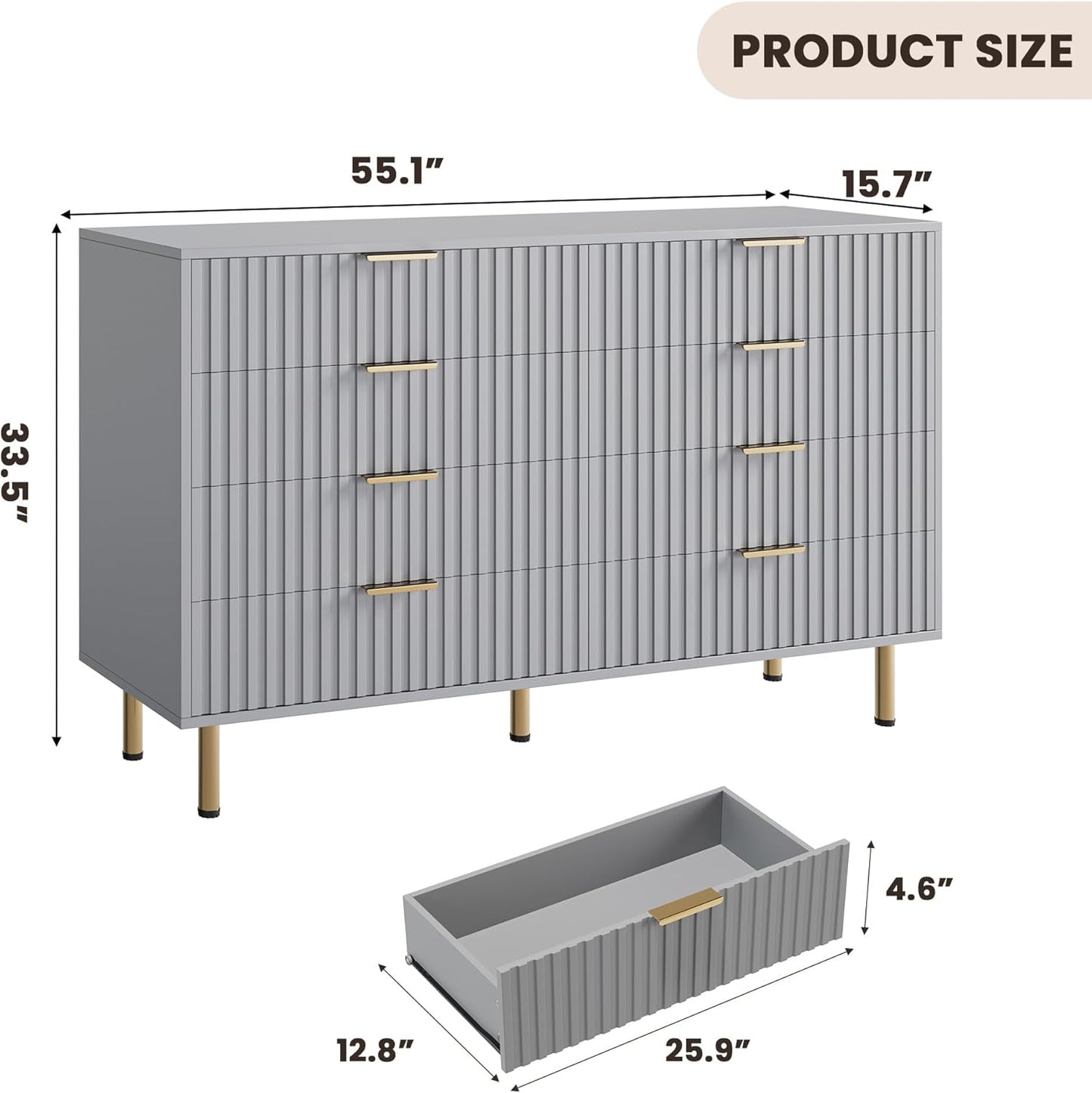 8 Drawer Dresser for Bedroom, Fluted 55" Wide Modern Chest of Drawers with Deep Drawers, Long Large Double Dresser TV Stand, Wooden Dresser Organizer for Living Room, Hallway, Kids Room, Grey