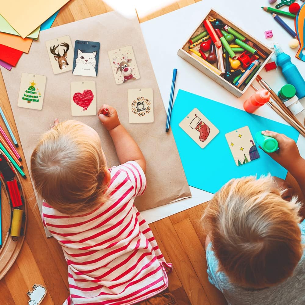 Rectangle Wooden Tags, 50Pcs 2.5 x 3.5 Inch Unfinished Wood Tags Ornaments Blank Square Wooden Slices with Jute Twines for Sign Tags Christmas Home Party Hanging Decoration