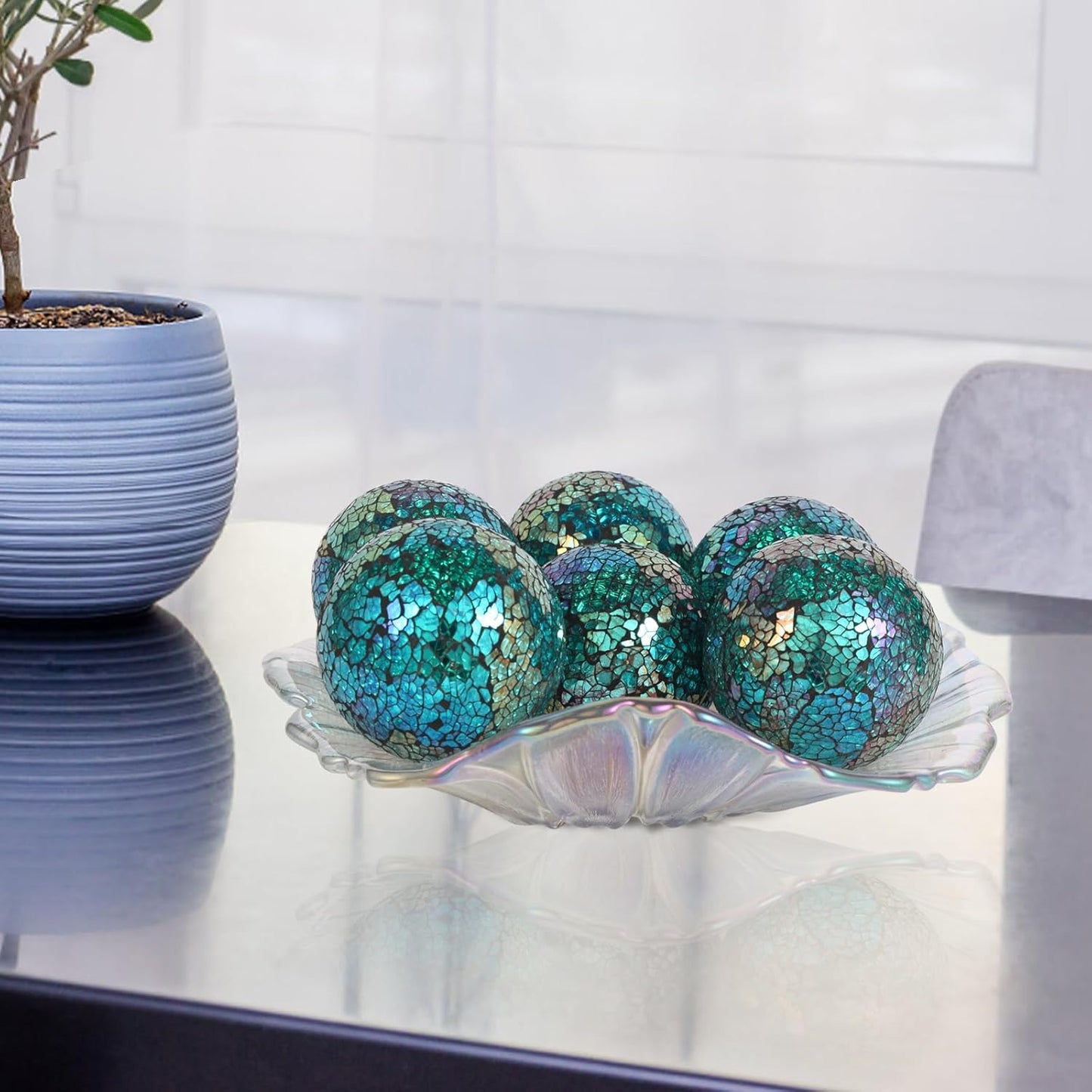 6Pcs Decorative Ball for Bowls, 8cm/3.15inch Mosaic Glass Centerpiece Decoration Balls Mirror Glass Ball Fillers for Home Decor Dining Tables Wedding Party (Turquoise)