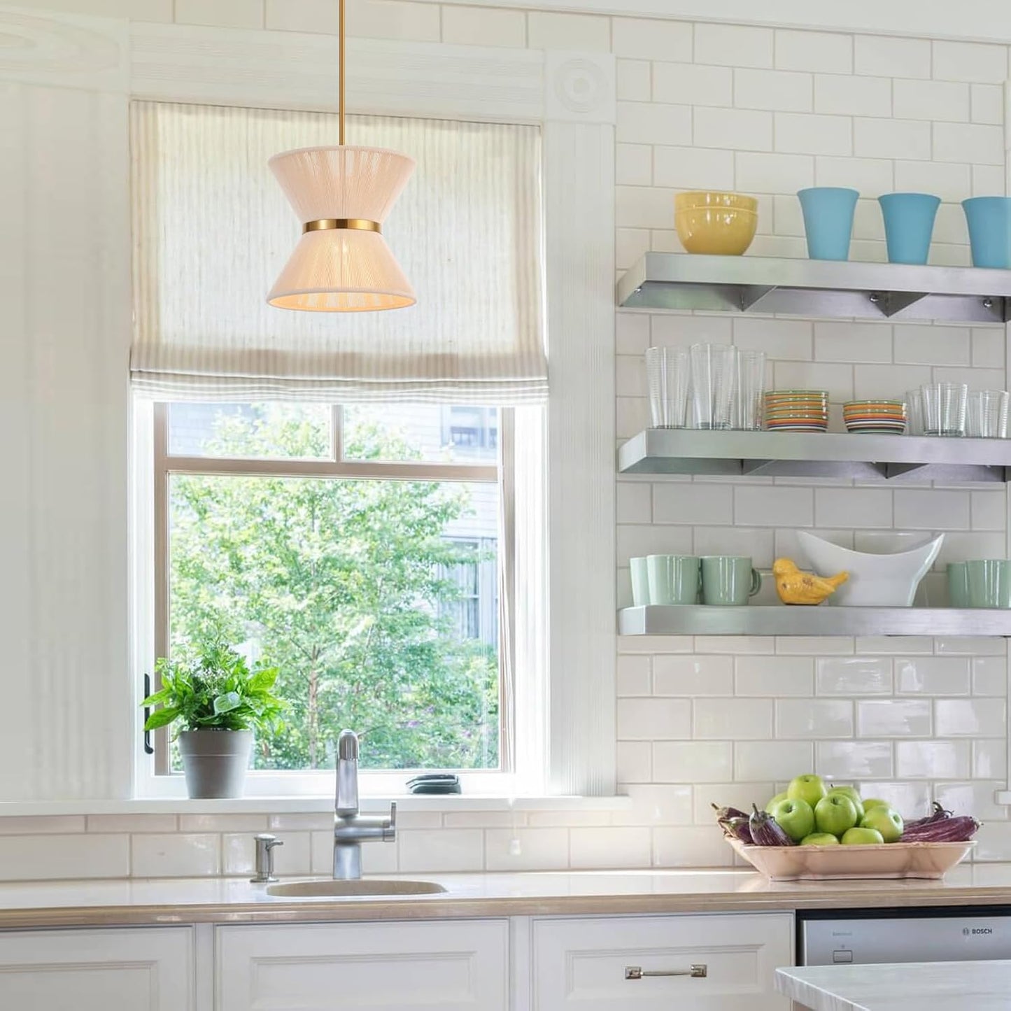 Hand Woven Boho Pendant Light Coastal Mini Modern Chandelier Adjustable Transitional Minimalist Pendant Lighting Fixtures for Kitchen Island Dining Room, White, Dia 12.2”, UL Listed