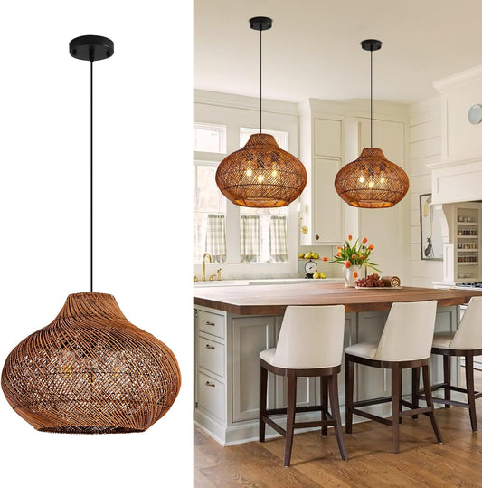 3-Light Dark Brown Rattan Pendant Light,18.9" Rustic Hanging Light,Round Curry Wicker Pendant Light Hand-Woven Rattan Chandelier for Workplace Dining Living Bedroom Kitchen Farmhouse