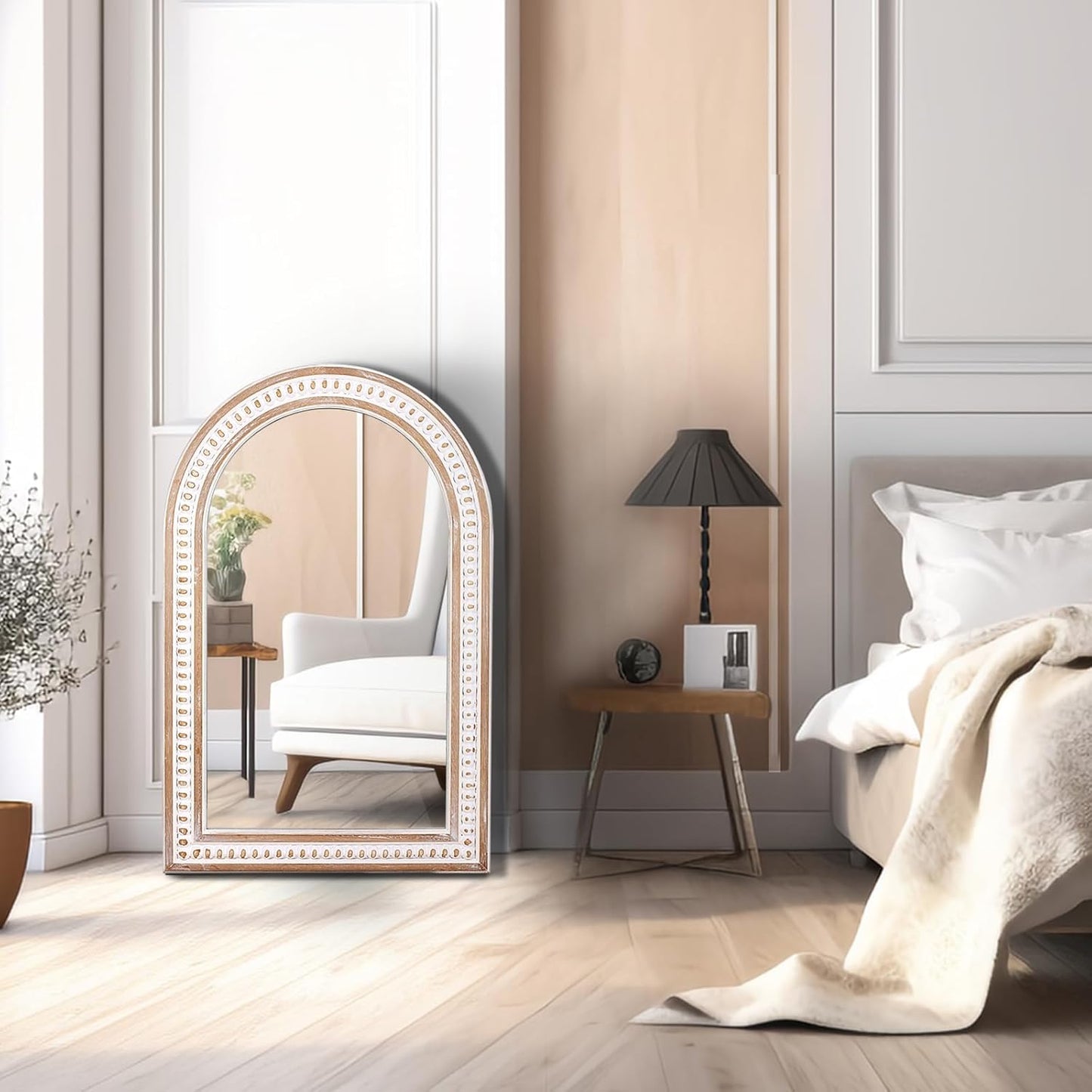 36x24 Inches Boho Wooden Arched Wall Mirror with Beaded, Rustic Farmhouse Decorative Arch Mirrors for Bathroom Vanity, Living Room, Entryway, or Foyer