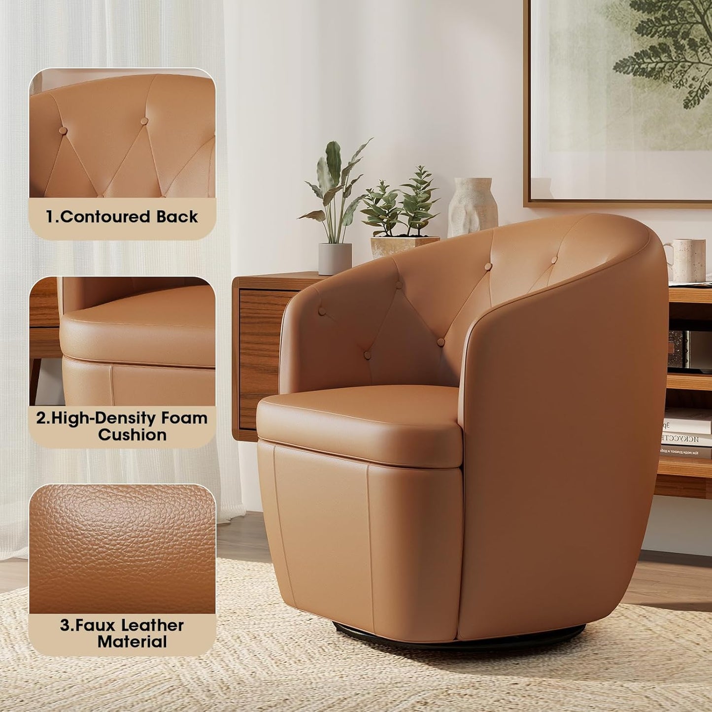 360° Swivel Leather Accent Chair, Modern Barrel Club Chair with Leather Upholstery and Sturdy Base, Comfortable Armchair for Living Room, Bedroom, Reading Nook, Brown