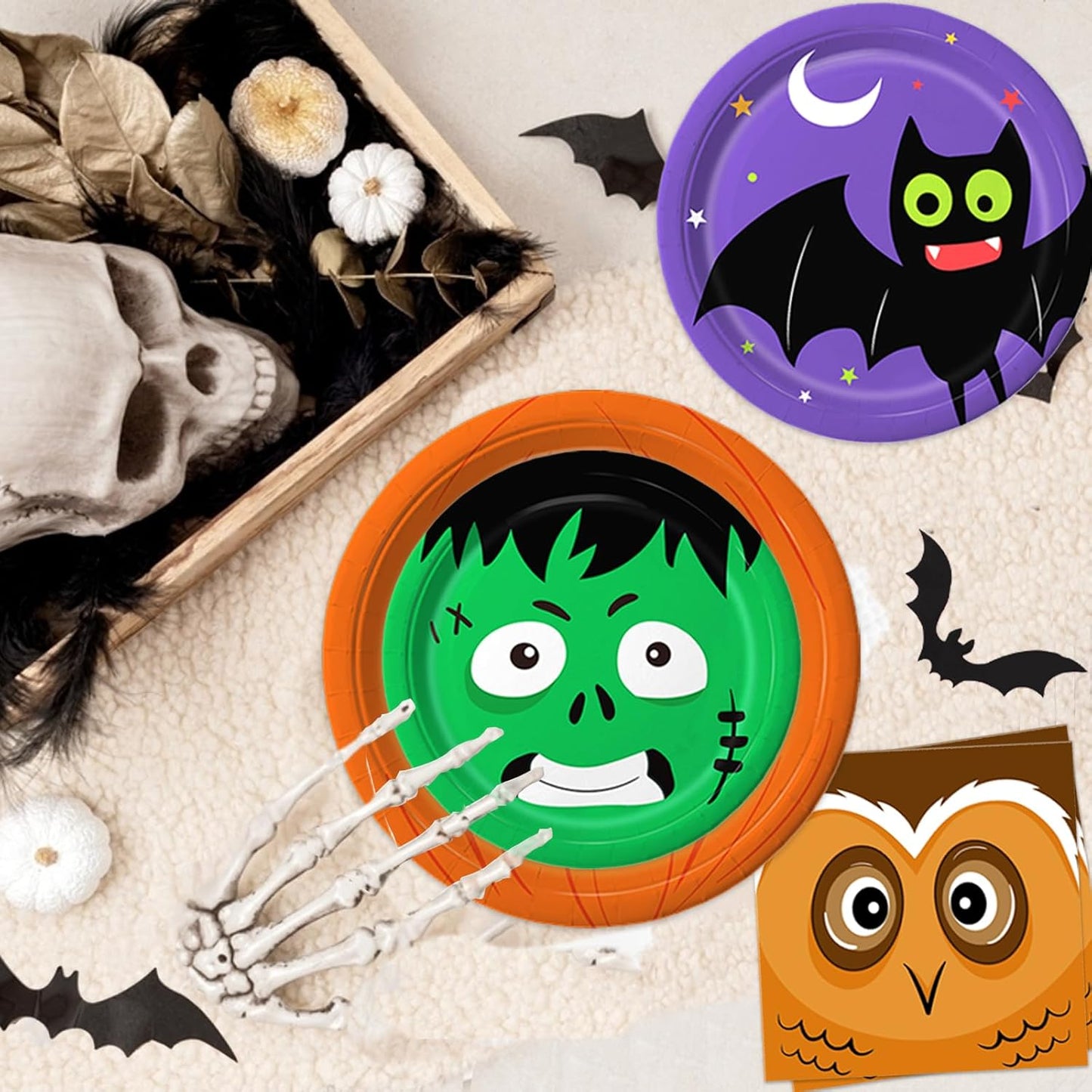 105PCS Halloween Paper Plates Ghosts Pumpkin Skull Spider Web Design for Halloween Party Decorations Supplies, Serves 30