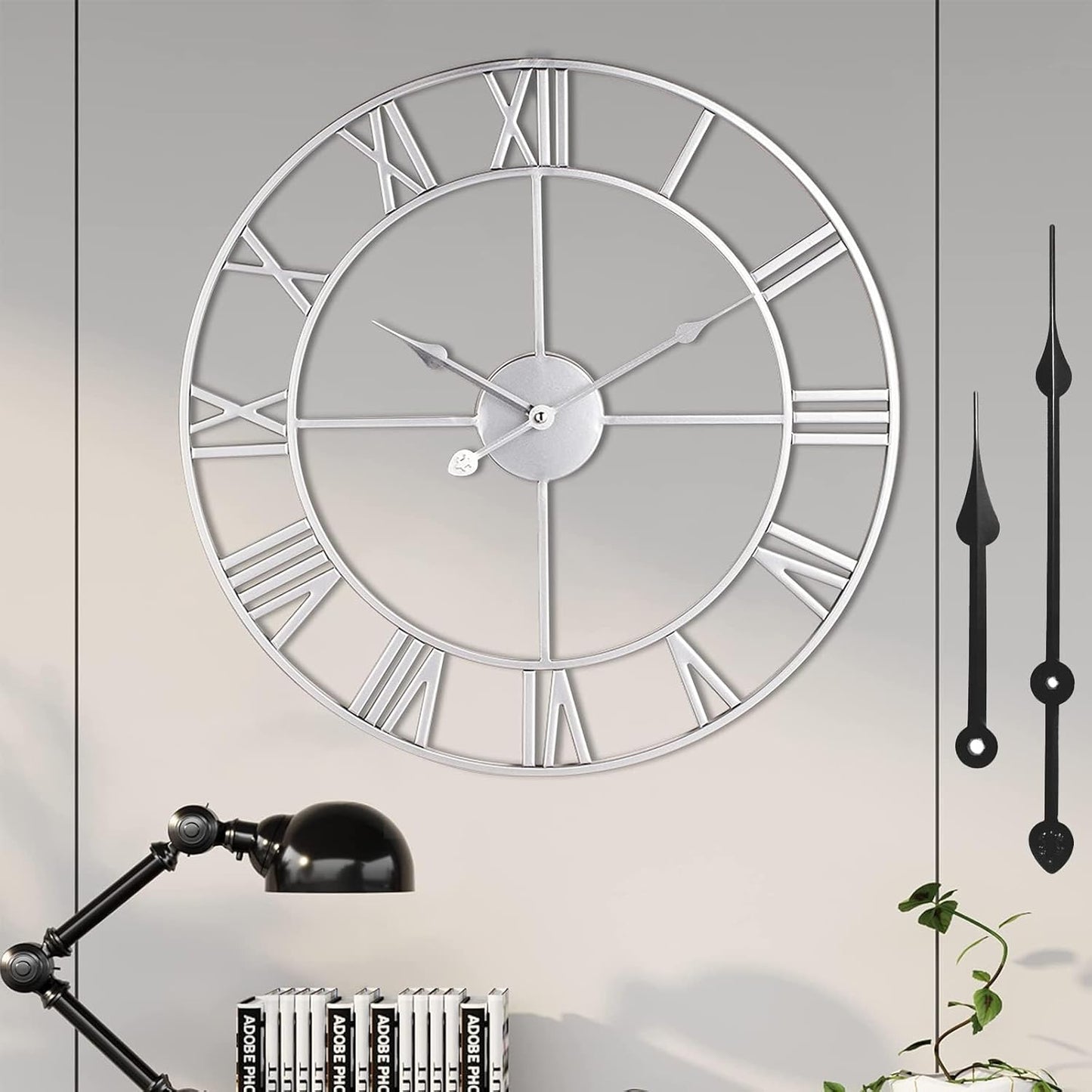 1st owned Large Wall Clock for Living Room Decor Silent Non-Ticking Decorative Wall Clock Roman Numerals Vintage Battery Operated for Kitchen Farmhouse Cafe Office Decor (Silver, 32 Inches)