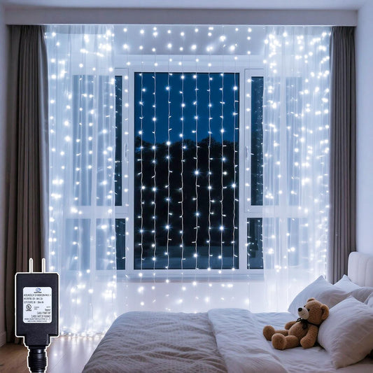 300 LED Curtain String Lights 9.8FT Plug in Fairy Lights with Timer and 8 Modes, Waterproof Window Wall Lights for Bedroom Wedding Party Indoor Outdoor Christmas Decor