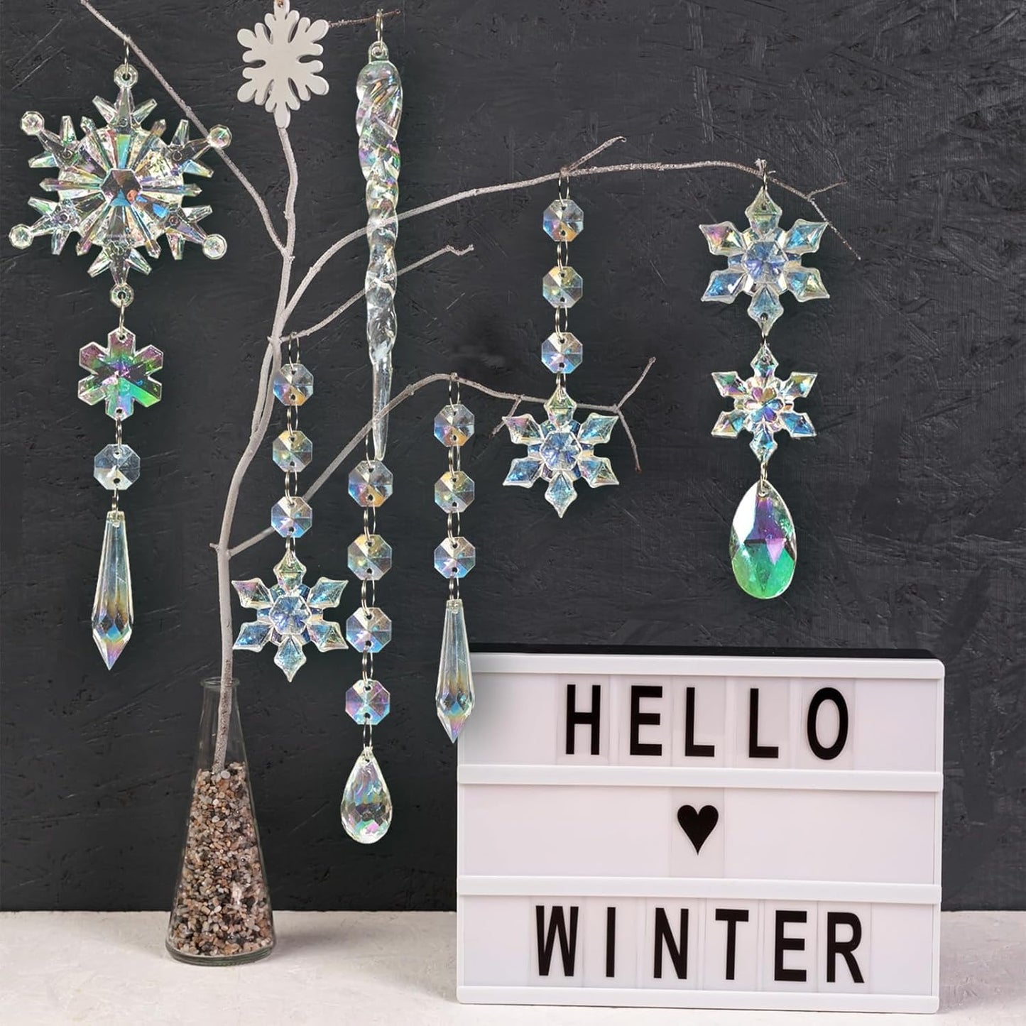 48pcs Christmas Crystal Ornaments for Tree - Iridescent Christmas Tree Ornaments Acrylic Snowflakes Drop Icicle Pendants Hanging Ornaments for Xmas Trees Winter Holiday Frozen Party Decorations