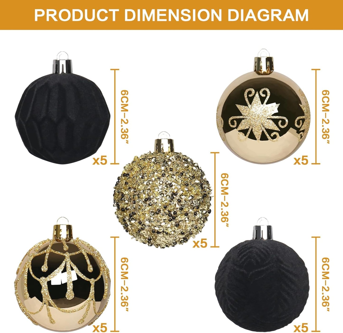 2.36In Velvet Christmas Ball Ornaments, 25PCS Black/Gold Flocked Christmas Tree Hanging Decorations, for Home Holiday Wedding Indoor Xmas Party Decor.