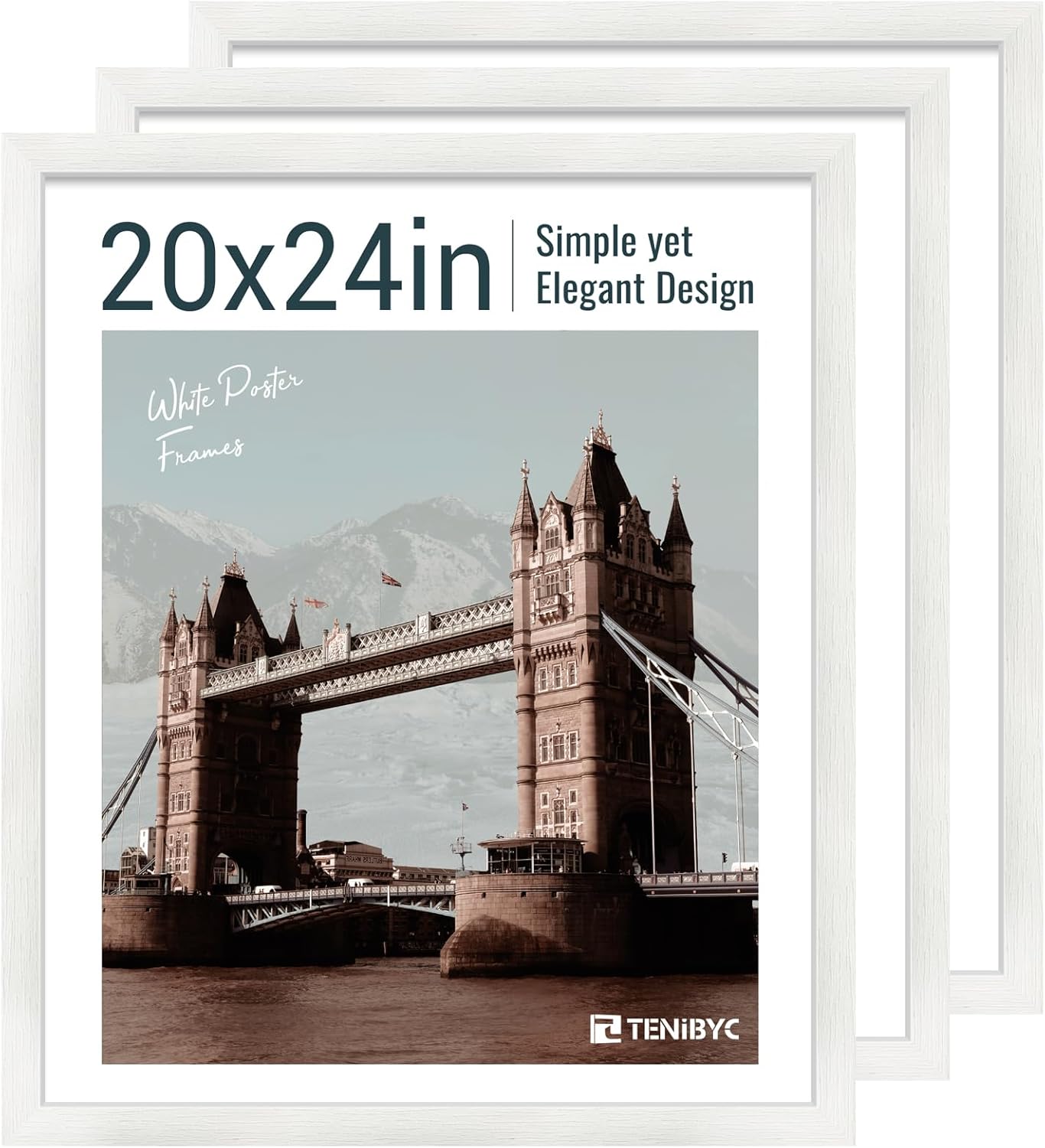 20x24 Picture Frame Set of 3, Textured White Solid Wood Poster Frame, Wall Gallery Frame
