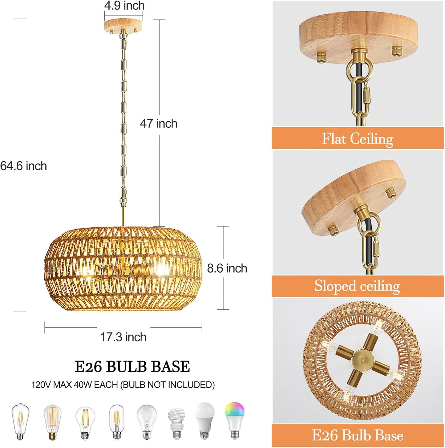 Rattan Pendant Light Kitchen Island,Farmhouse Chandelier for Dining Room Light Fixture Over Table,Ceiling Hanging Light Fixture with Wicker Lamp Shade for Bedroom Hallway Living Room
