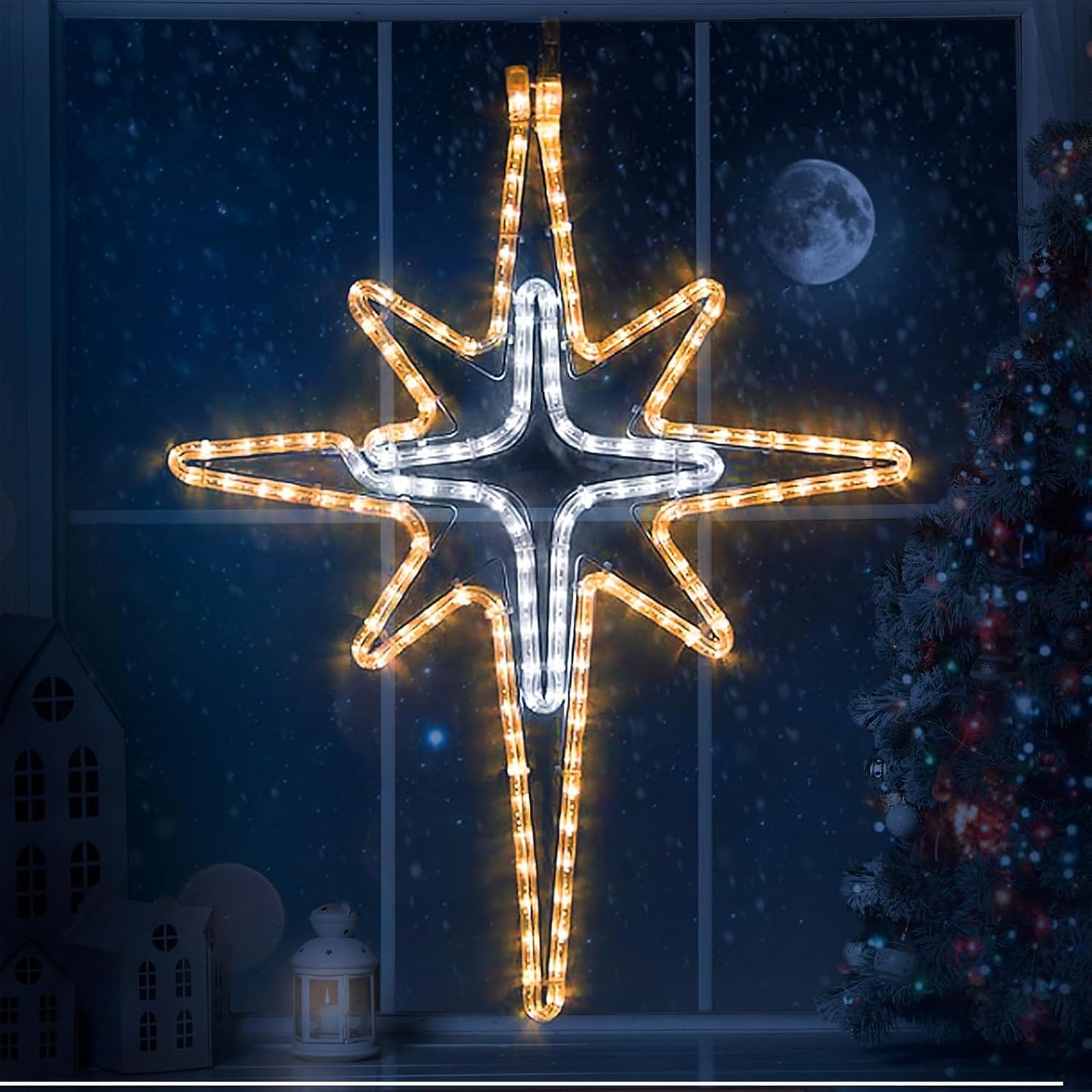 36'' Christmas Star of Bethlehem LED Star Hanging Lights Nativity Holy Family Light for Door Window Porch Wall Decoration Plug Operated Lighted Hanging Tree Topper(White, Warm Light)