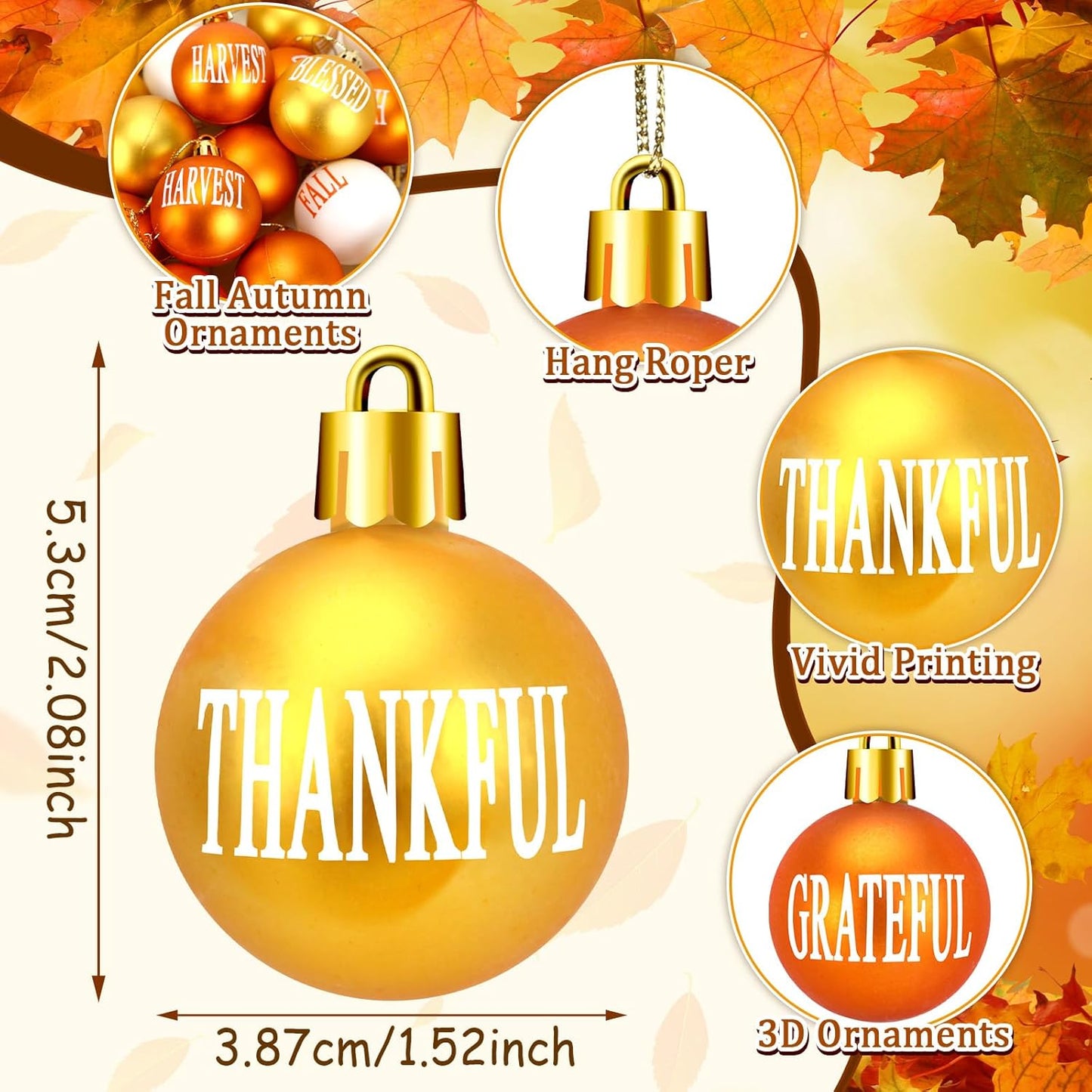24Pcs Thanksgiving Day Hanging Ball Ornaments, Fall Tree Decorations Autumn Harvest Hanging Ornaments with Rope for Farmhouse Rustic Party Favors Craft Supplies