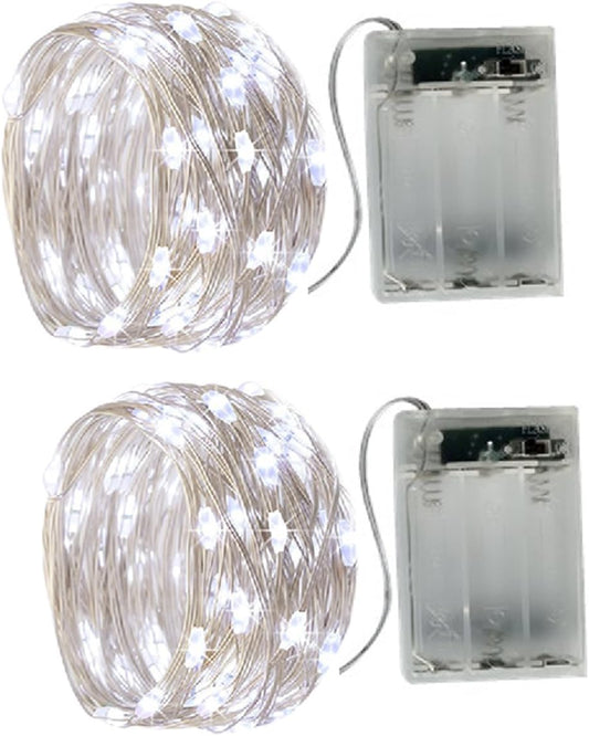 2 x 50LEDs Fairy Lights Battery Operated, Silver Wire 2 Mode 16.4Ft Chains String Lights for Bedroom Christmas Party Decoration (Cool White, 16.4)