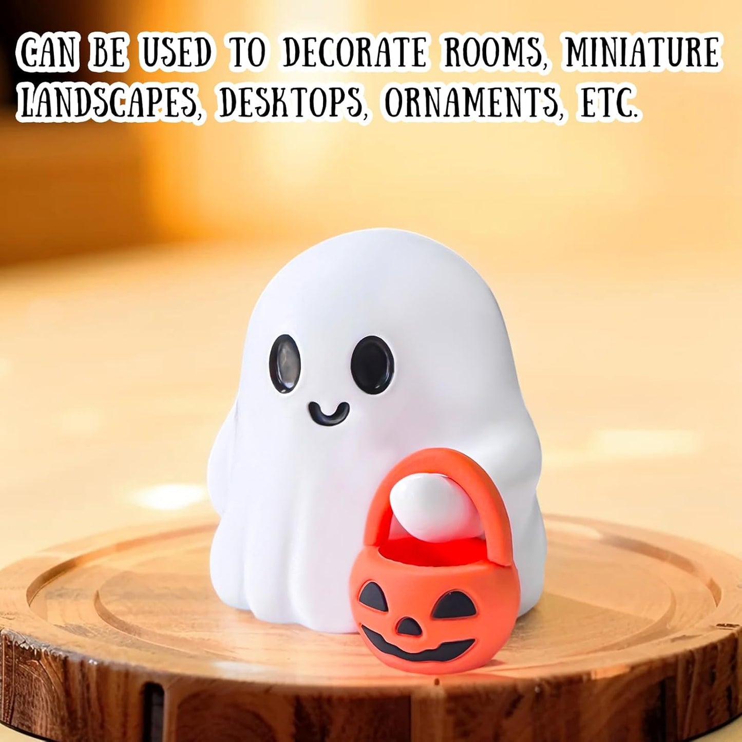 2 Pcs Halloween Ghost Figurine Cartoon Cute Spooky Carrying Pumpkin Basket Desk Display Ornament Tiny Trick or Treat Ghost Resin Halloween Statue for Home and Office Tabletop Decor Supplies