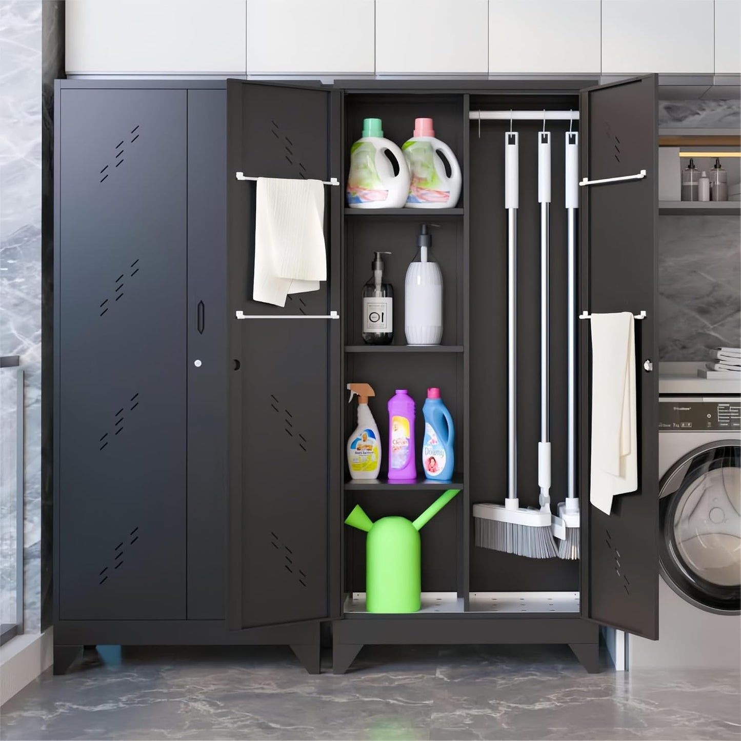 71" Broom Closet Cabinet with Hanging Rod, Tall Black Metal Storage Cabinet for Bathroom, Utility Room, and Garage