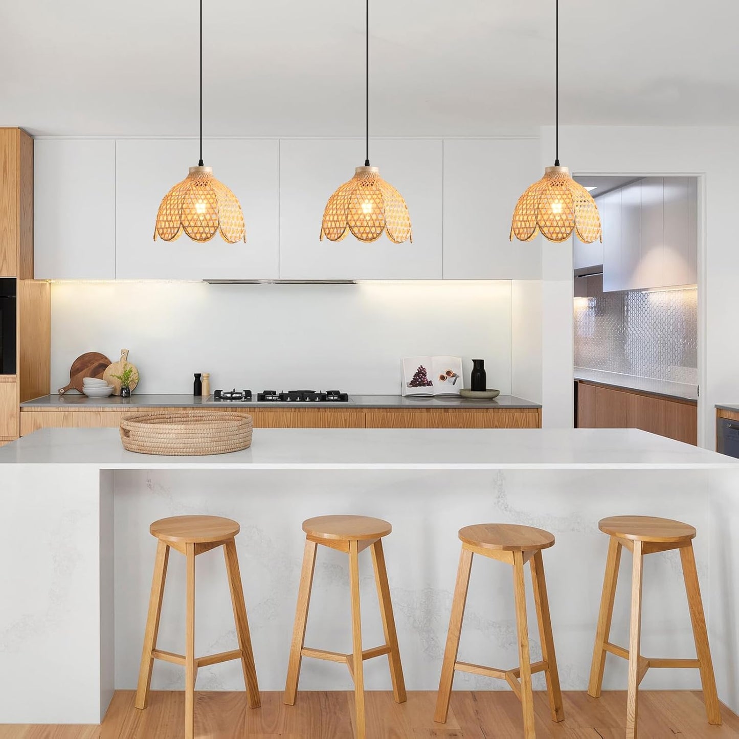 3-Pack Boho Pendant Light Fixture 9.8" Bamboo Hanging Light Mini Rattan Pendant Light,Woven Wicker Shade Rattan Chandelier for Dining Living Bedroom Kitchen Farmhouse