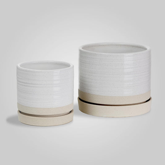 6 + 8 Inch Plant Pots, Ceramic Planter Pot with Drainage Hole & Saucer, Indoor/Outdoor Cylinder Round Planter Pot, Cream & Beige