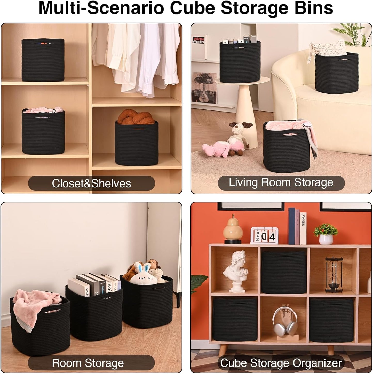 11 Inch Cube Storage Bins, Storage Cube Organizer Bins, Woven Cotton Rope Basket for Storage, Storage Baskets for Organizing Shelves, Square Baskets for Toys, Black (Pack of 3)