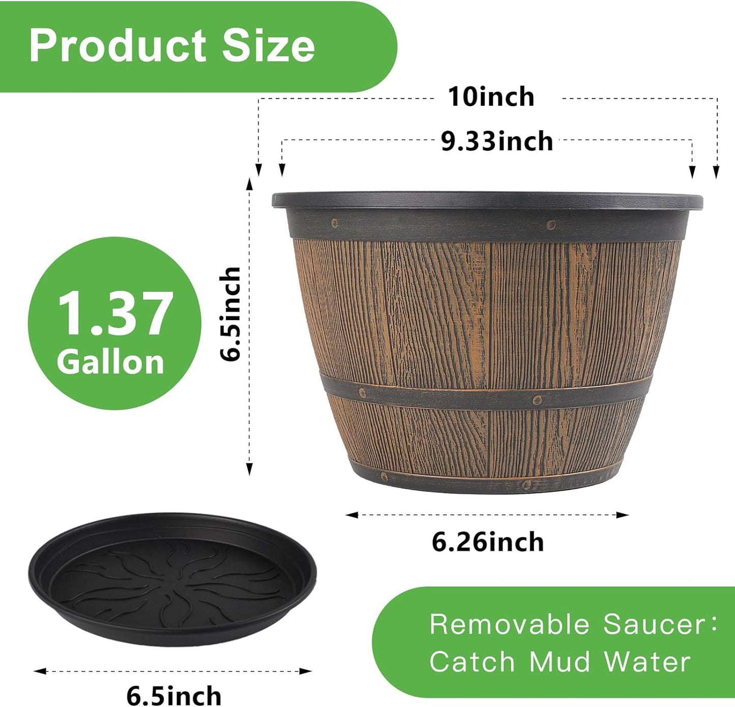 10-inch-Plant-Pots-Indoor-Outdoor, 4 Pack Whiskey Barrel Planters with Drainage Holes & Saucer, Plastic Flower Pots Imitation Wine Barrel Design, Decorative Garden Pots for Plants