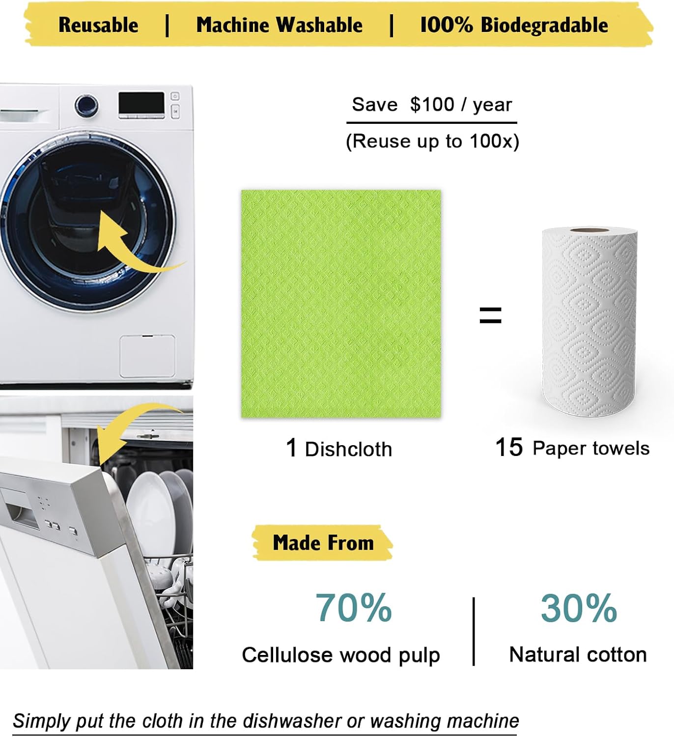 Swedish Dishcloths for Kitchen | 6 Pack Dish Towels Cellulose Sponge Cloths | Non-Scratch Reusable Paper Towels Washable | No Odor Fast Drying Swedish Cloths, Multicolor