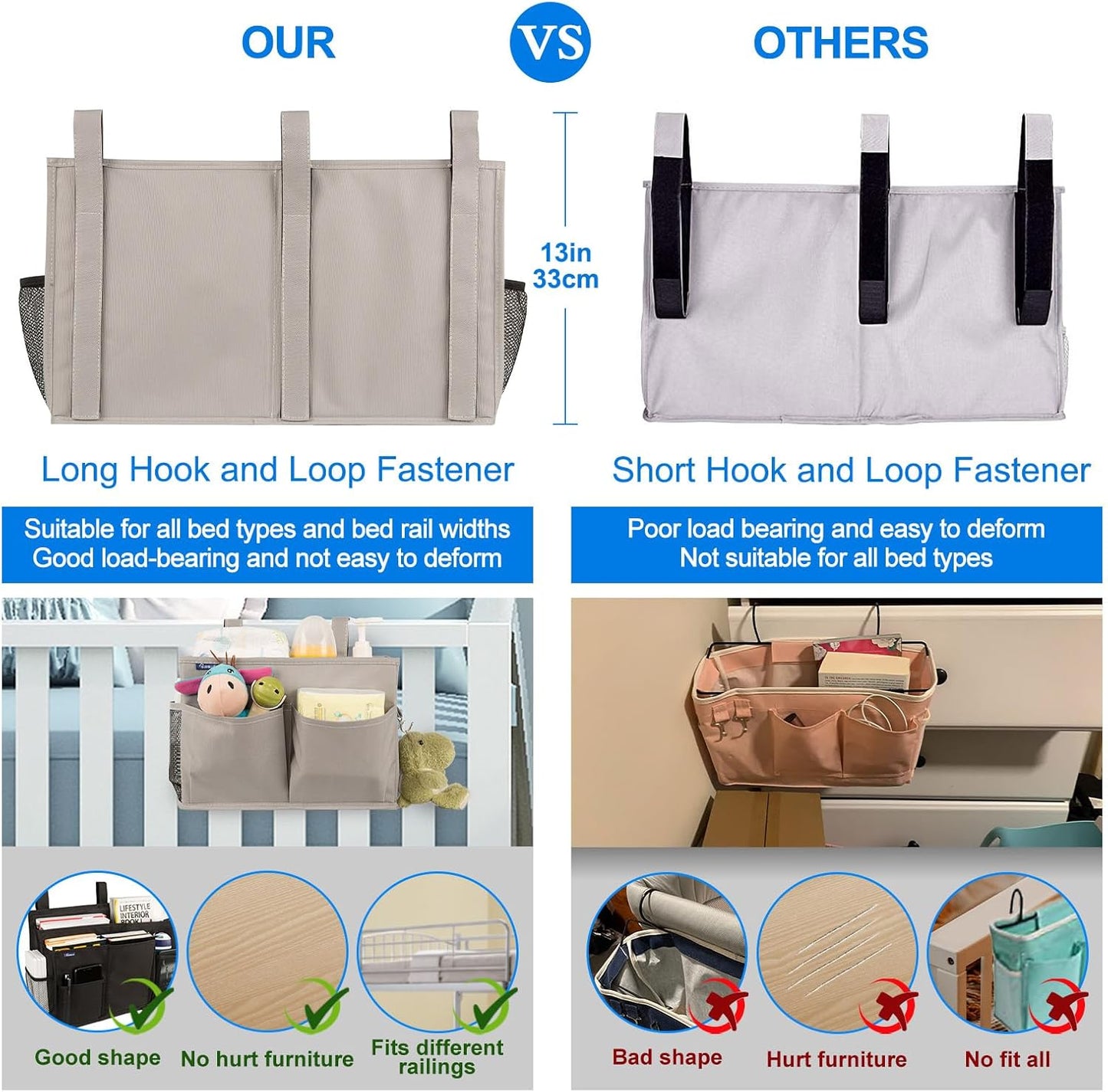 Surblue Bedside Caddy Hanging Bed Organizer Storage Bag Pocket for Bunk and Hospital Beds, College Dorm Rooms Baby Bed Rails,Camp (8 Pockets),Gray