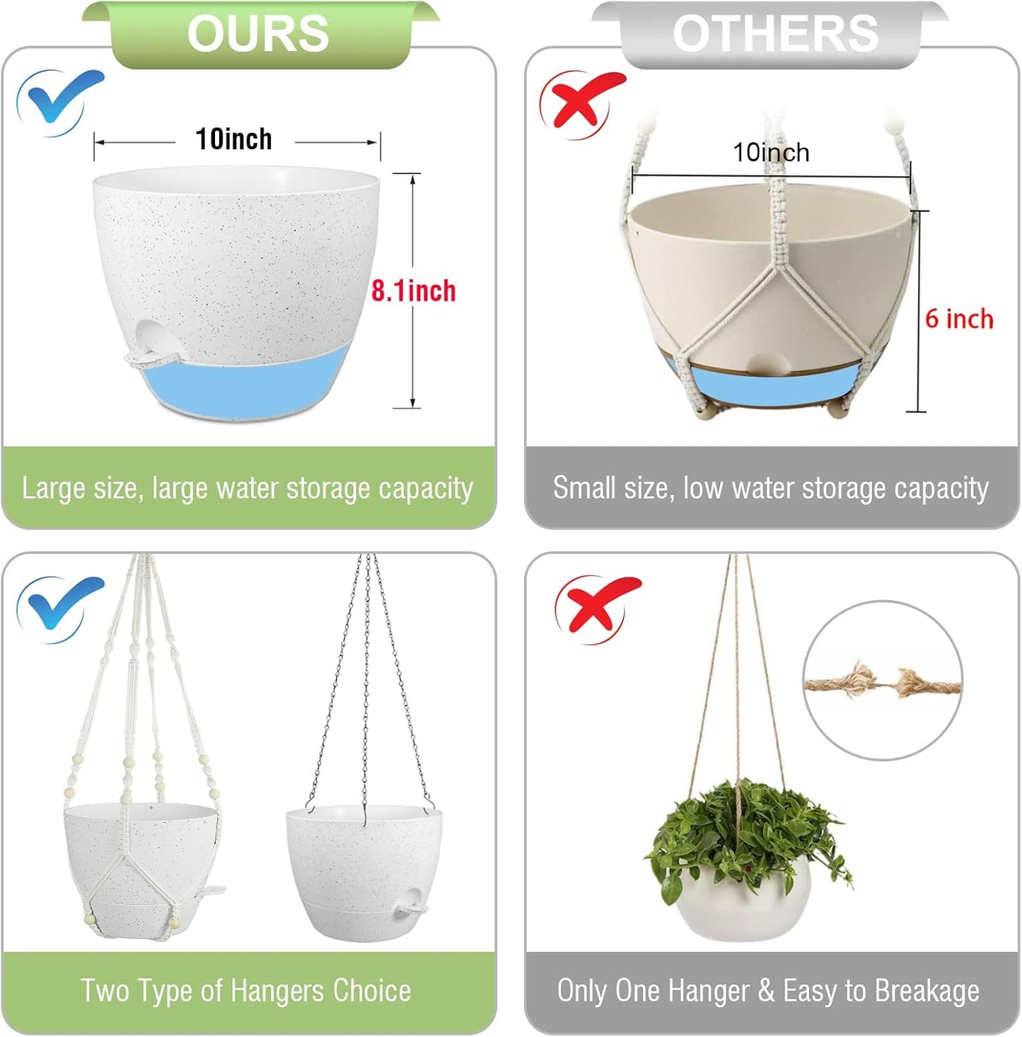 10 inch Self Watering Hanging Planters, 2 Pack Hanging Baskets for Indoor Outdoor Plants, Hanging Flower Pots with Drainage Holes and 2 Kinds of Plant Hangers for Garden Decor, Speckled White