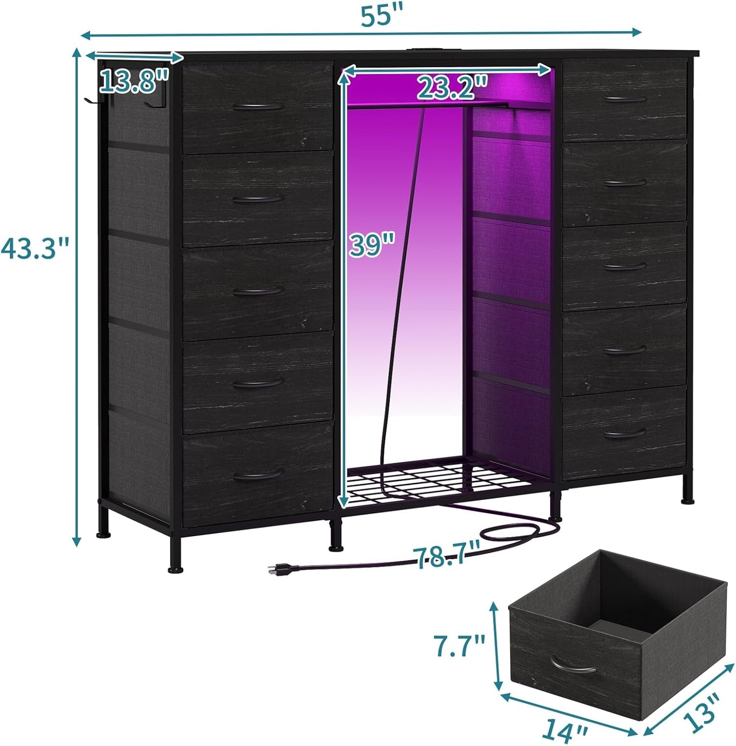 LUMTOK 55" W 2-in-1 Dresser with Hanging Rack, 10 Drawers Dresser for Bedroom,Dressers with Fabric Drawers,LED Lights, Charging Station and Hanging Racks for Bedroom