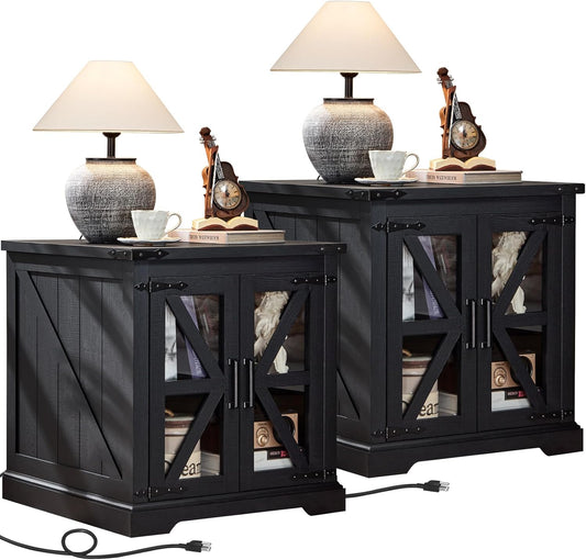 24" End Table Set of 2 with Charging Station, Farmhouse Night Stand with Glass Barn Door, Nightstands with Adjustable Storage Shelf, Large Wood Square Bed Side Table for Living Room,Bedroom