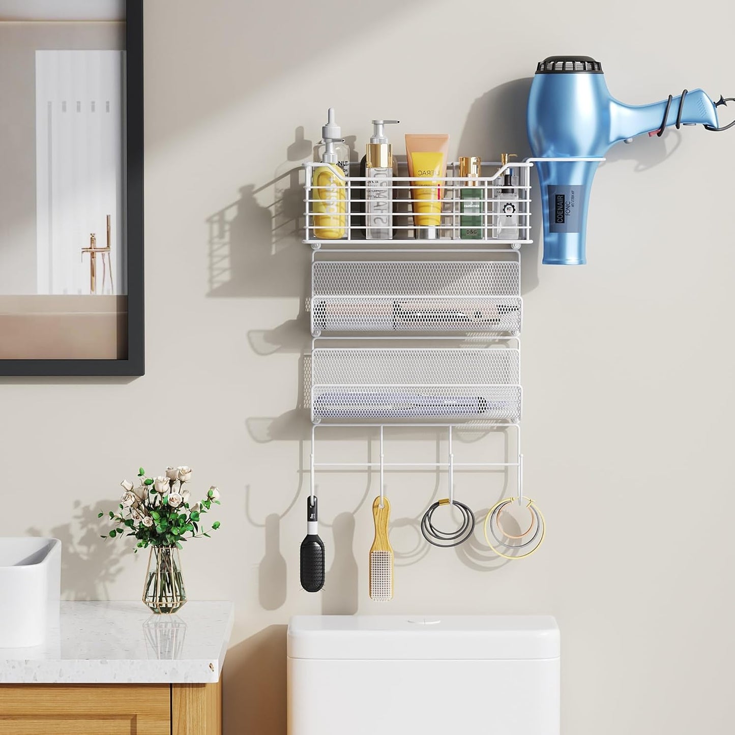 VITVITI Metal Hair Tool Organizer Wall Mount, Hair Dryer Holder with 3 Tier Shelf Basket Hooks, Bathroom Hair Styling Tool Organizer for Curling Iron/Blow Dryer/Straightener, White
