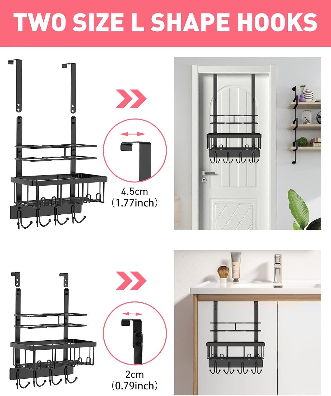 REFLYING Over-the-Door Hairdryer and Styling Tool Organizer, Metal, Black, 3 Compartments, 8 Hooks, 15"H x 10"W x 4.7"D