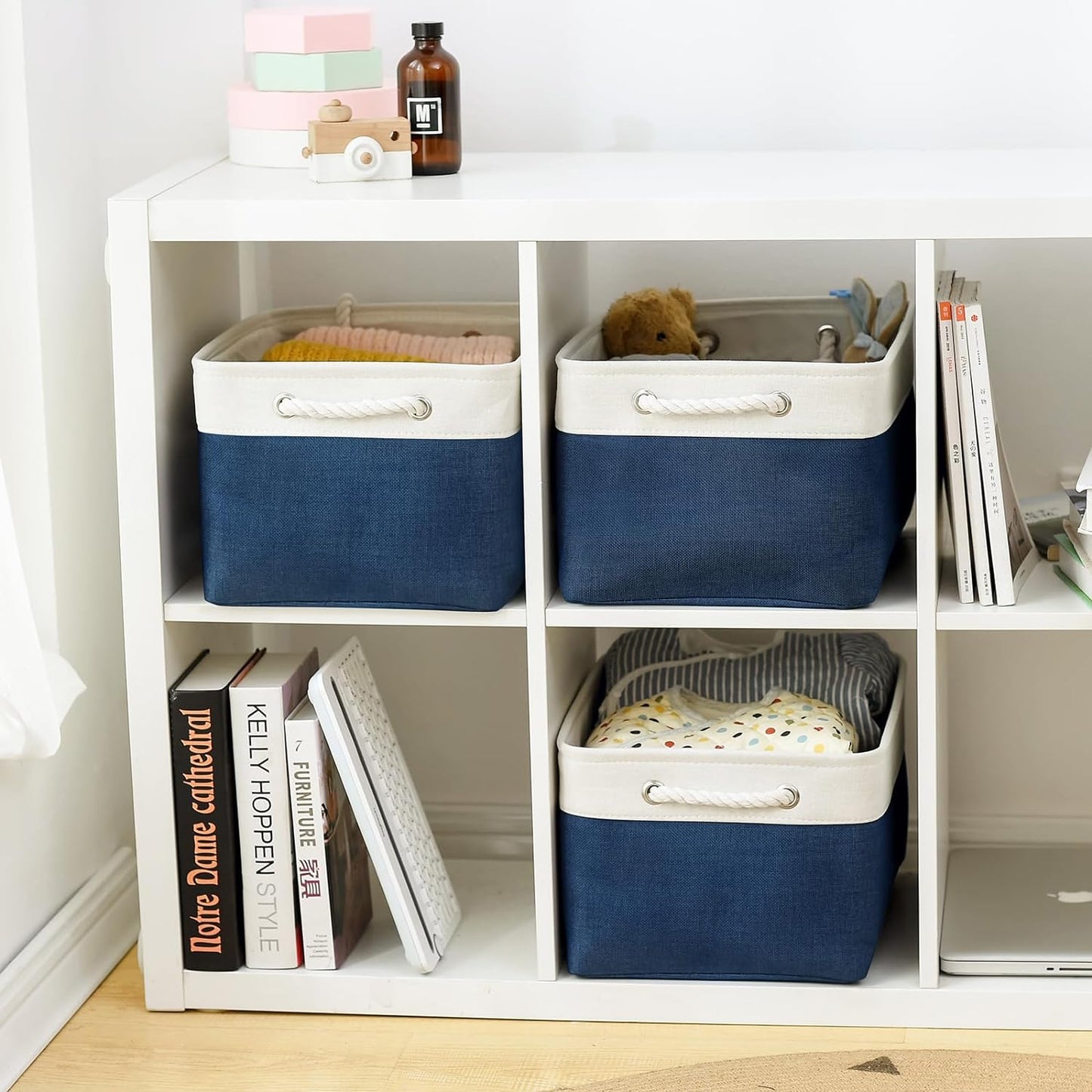 TheWarmHome Collapsible Storage Bin for Shelves - Large 3 Pack 16x12x8 inch Storage Basket for Organizing with Handles, Canves Storage Box for Organizer Toy Closet Cloth Gift (White & Jean Blue)