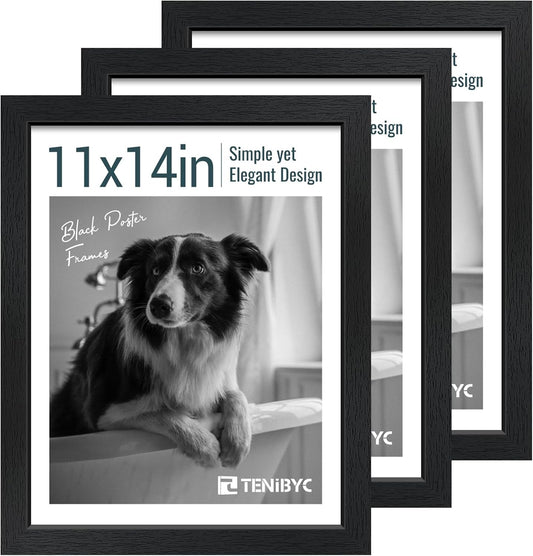 11x14 Picture Frame Set - 3 Pack, Textured Black Solid Wood, HD Tempered Glass, Wall Gallery Photo Frame