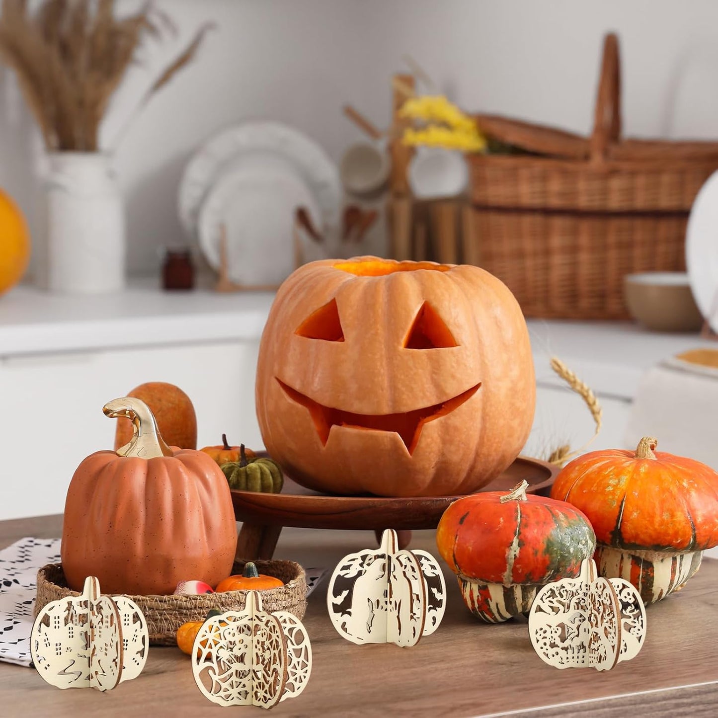 COCHIE DIY 3D Halloween Pumpkin Wood Crafts to Paint for Kids Adults, Paintable Unfinished Wooden Slices for Craft, Cutouts Ornaments for Painting Decorations (24 PCS)