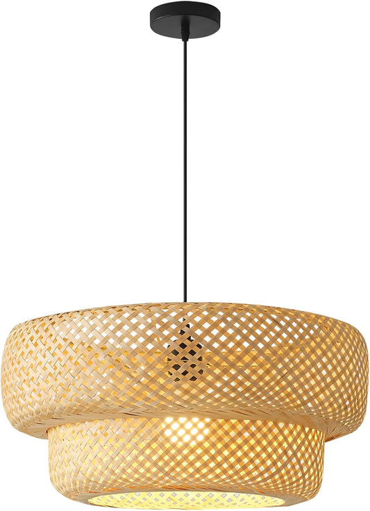 Bamboo Pendant Light Boho Rattan Hanging Light 17.7" Hand Woven Wicker Chandelier for Kitchen Island for Kitchen Island Dining Bedroom Living Room Restaurants