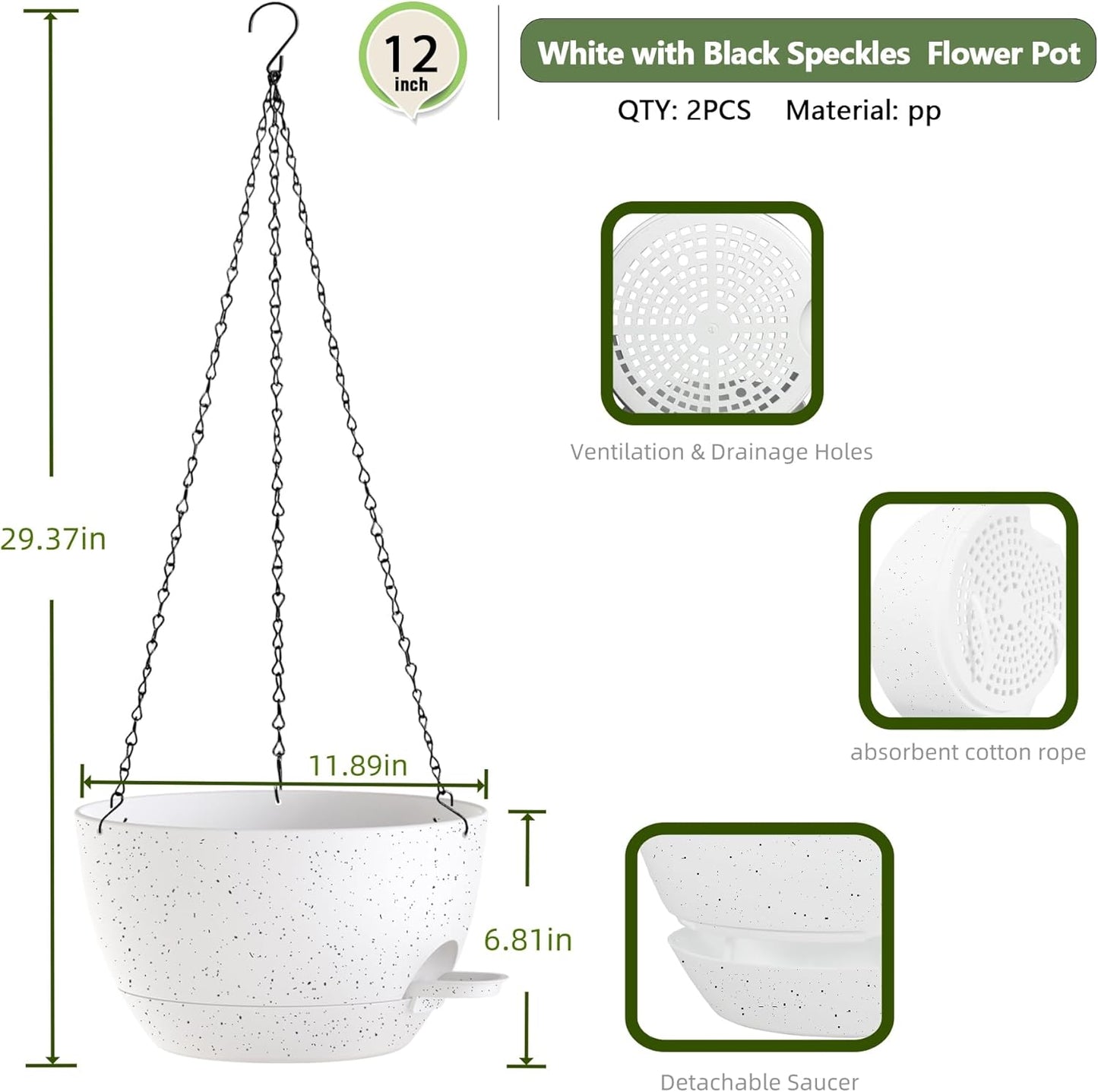12 Inch Hanging Baskets 2 PC with Chains, Self-Watering Hanging Planters for Indoor Outdoor Plants, Plastic Hanging Flower Pots,Speckled White