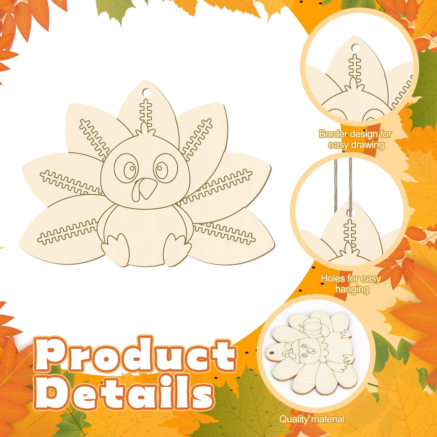 24 PCS Unfinished Wooden Thanksgiving Crafts, Turkey Shaped Hanging Ornaments DIY Wood Craft Cutouts for Thanksgiving Party Decor (Turkey)