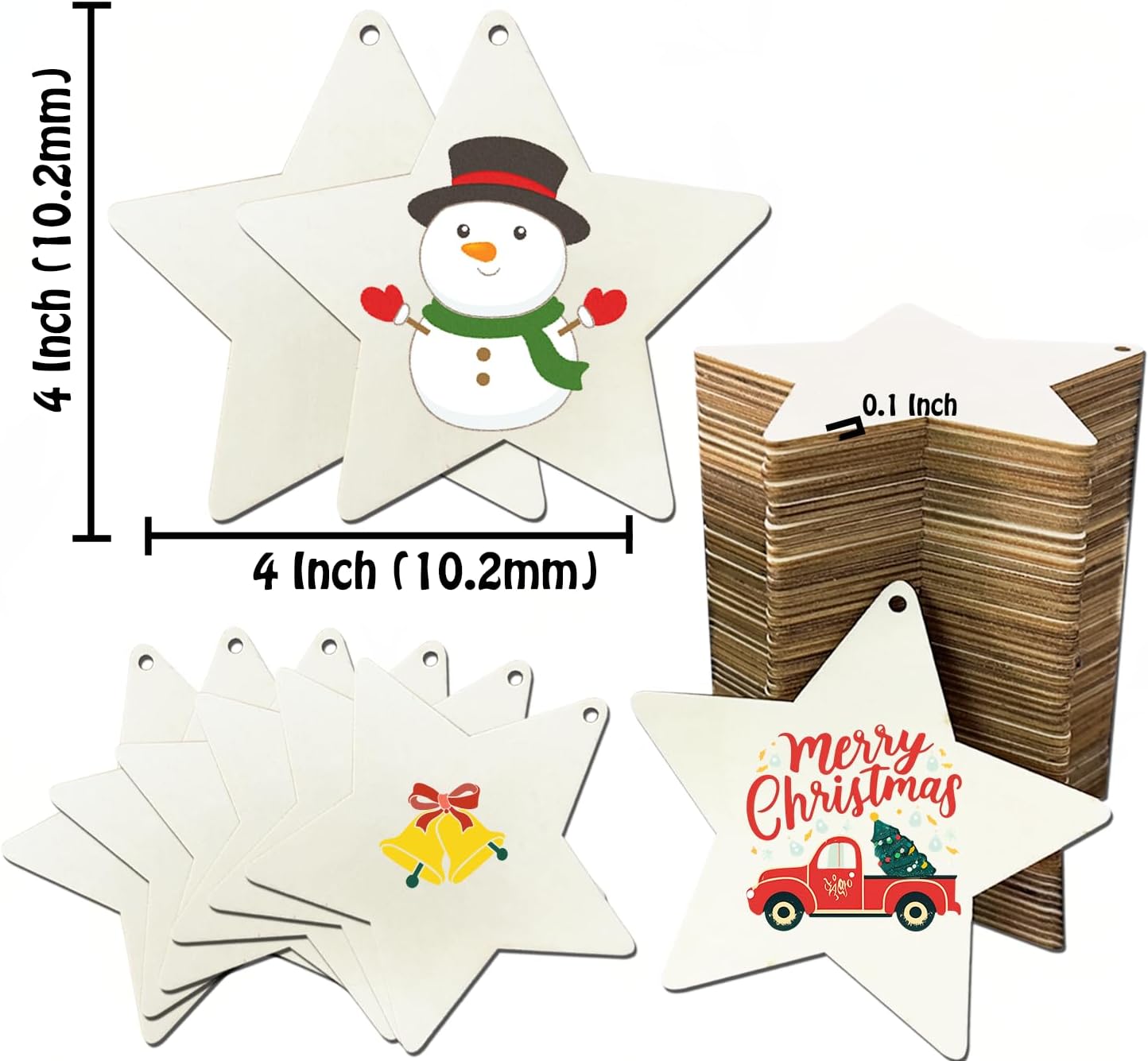 FCECOR 4" 100PCS Wooden Stars for Crafts, Wood Stars for 4th of July Kids Crafts Wood Slices DIY Crafts Supplies, Unfinished Wooden Ornaments for DIY Christmas Crafts Projects