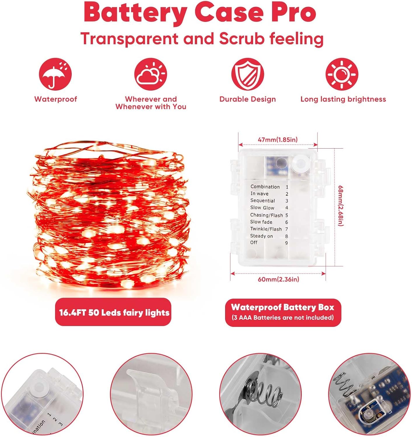 2 Pack 16.4 Ft. Battery Operated Outdoor String Lights with Remote & Timer, LED Red Fairy Lights, Waterproof Twinkle Lights for Bedroom, Dorm, Mason Jar, Wedding, Party, Christmas