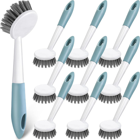 Patelai 12 Pack Kitchen Scrub Dish Brush with Long Handle Dish Scrubber with Stiff Bristles Scrub Brushes for Kitchen Dishes Washing Tools, Pots, Pans and Sink Cleaning (Celadon)