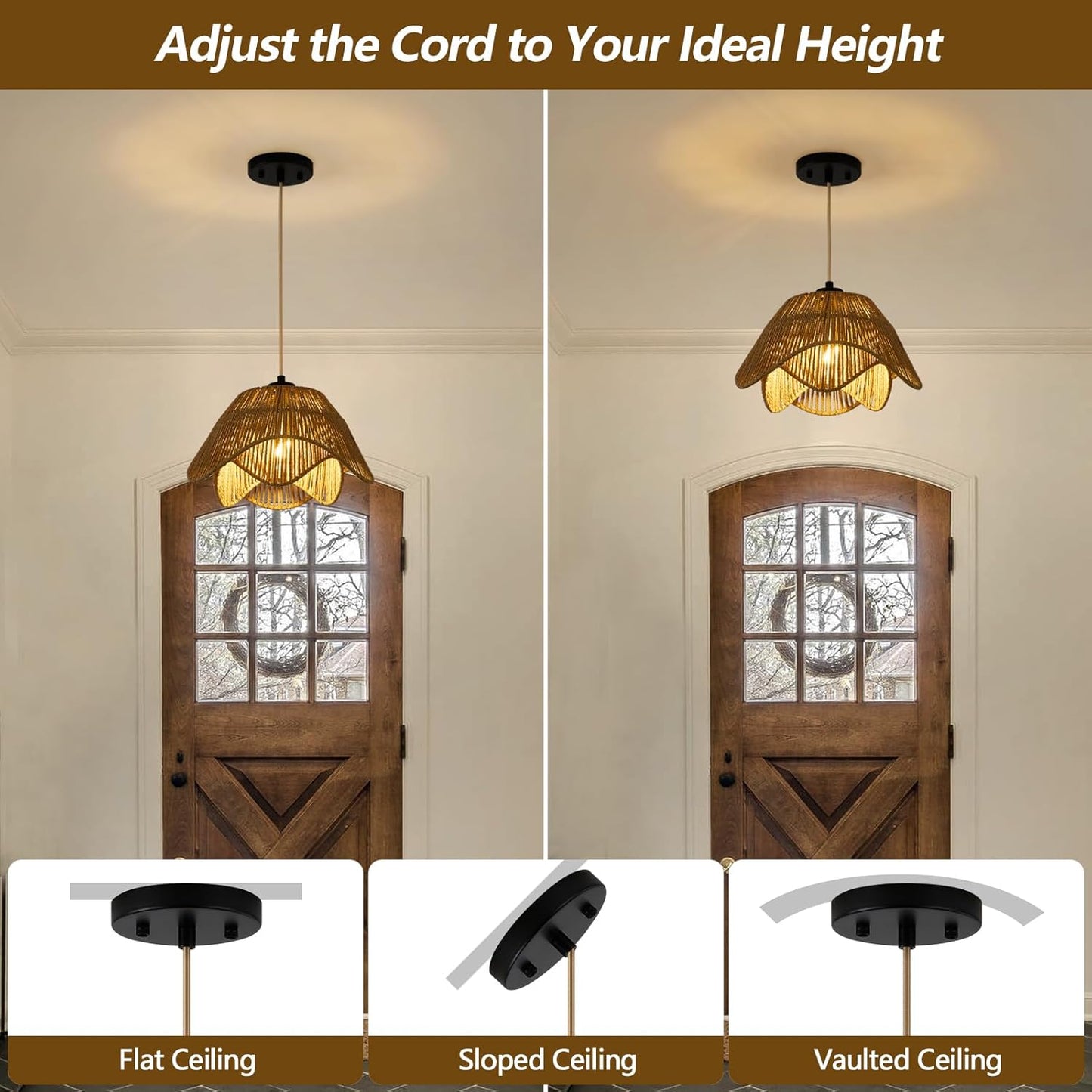 Rattan Pendant Light Fixtures,1 Light Boho Hanging Light, Farmhouse Hand Woven Wicker Chandelier, Adjustable Flush Mount Ceiling Hanging Lamp for Bedroom Dining Room Kitchen Island Hallway