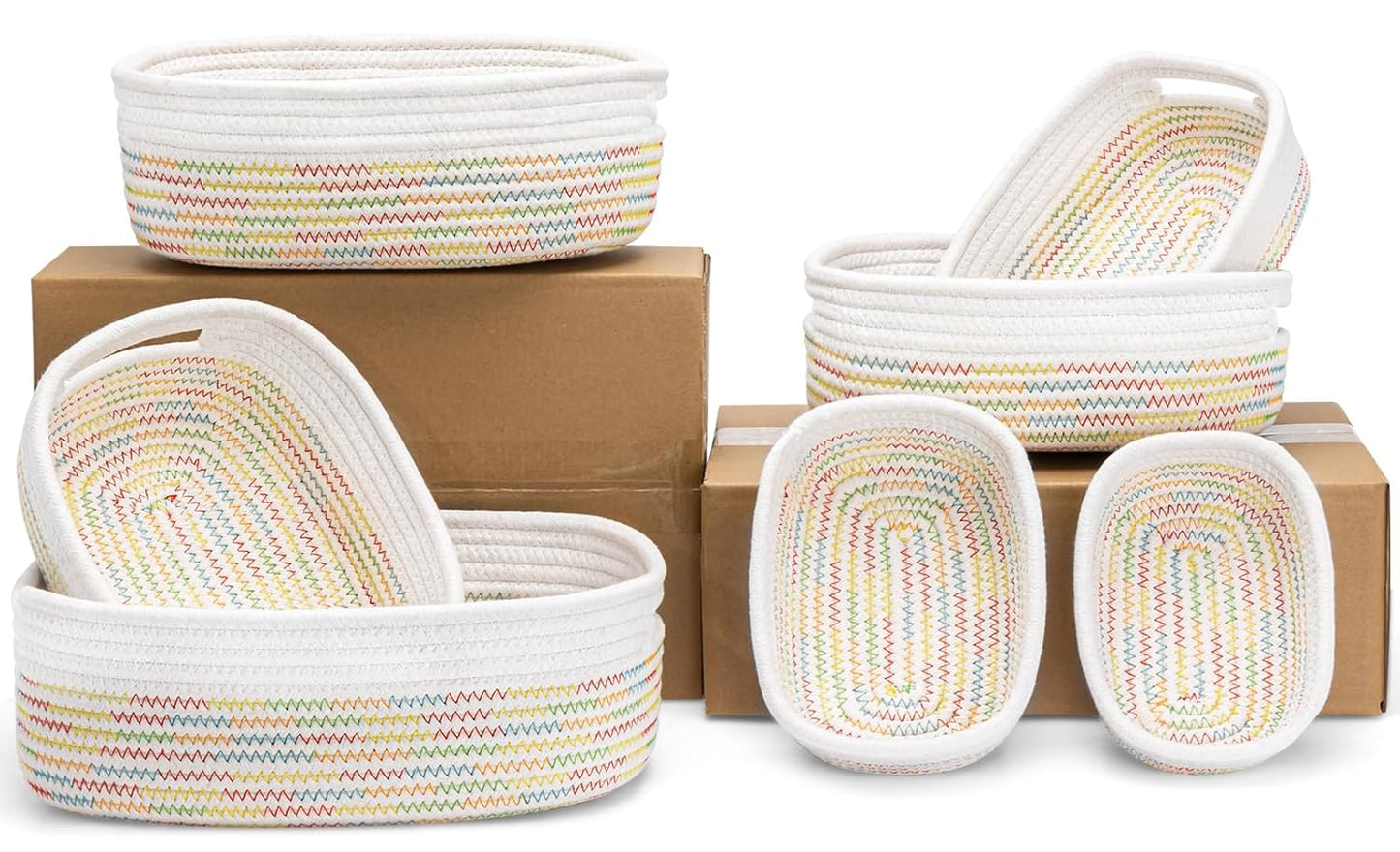 7 Piece Cotton Rope Woven Basket Set - Small Basket for Baby Nursery, Pets, Montessori, Dog & Cat Toy Boxes, Bathroom Organization Bins (White/Rainbow Stitching)