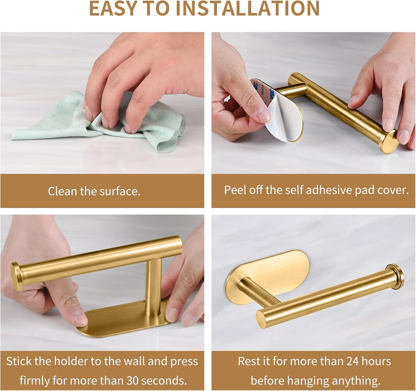 Toilet Paper Holder,Gold,Wall Mount, Upgraded Adhesive Toilet Roll Holder,no Drilling,Bathroom/Rv/Washroom,SUS 304 Stainless Steel,Rustproof (Gold, 2 Pieces)