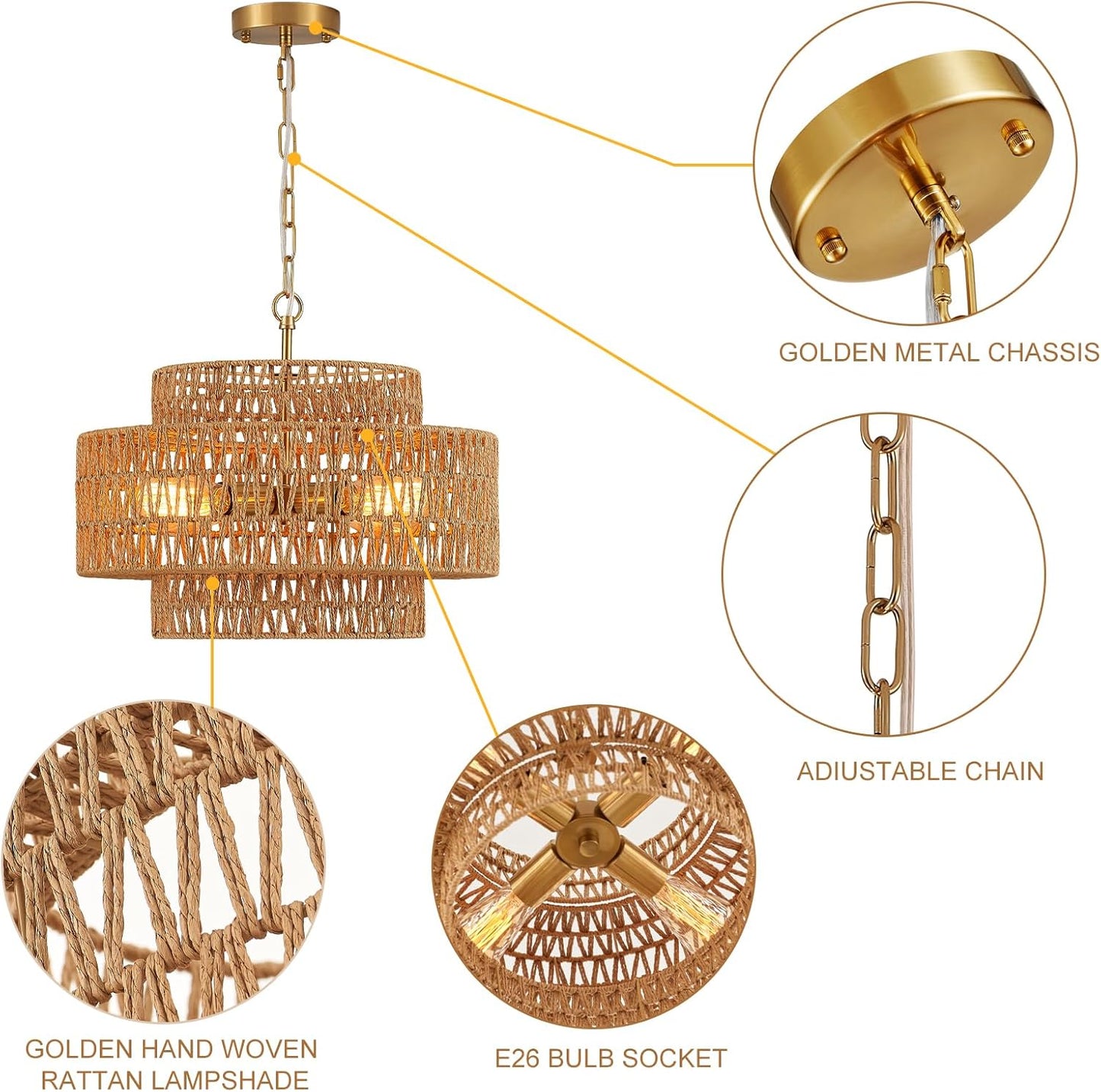 Hand-Woven Rattan Chandelier Vintage 4-Light 17.7" Farmhouse Boho Bamboo Chandelier Light Fixture Retro 3-Tier Drum Wicker Rattan Golden Chandeliers for Dining Room, Kitchen Island, Bedroom
