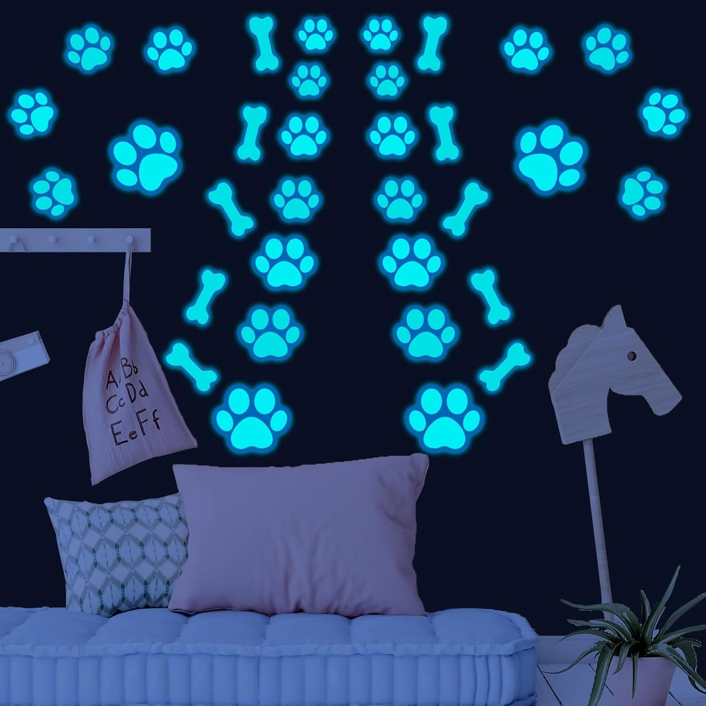 127 Glow in The Dark Dog Paw Stickers Luminous Removable Vinyl Wall Decals for Kids Nursery Bedroom(Blue Light)
