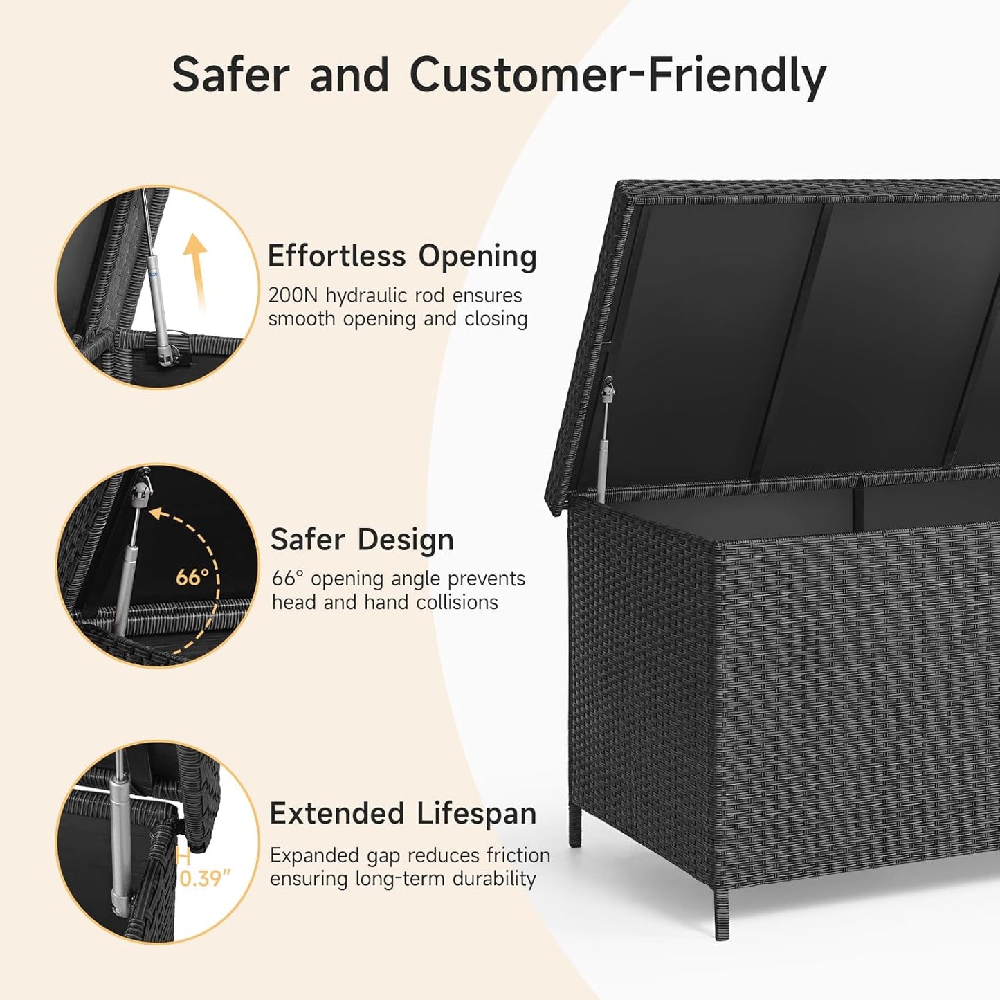 158 Gallon XL Deck Box with Lid, All Weather Wicker Outdoor Storage Box Waterproof, Large Outdoor Patio Storage Bin for Cushions, Garden Tools, Gears, Pool Accessories, Black