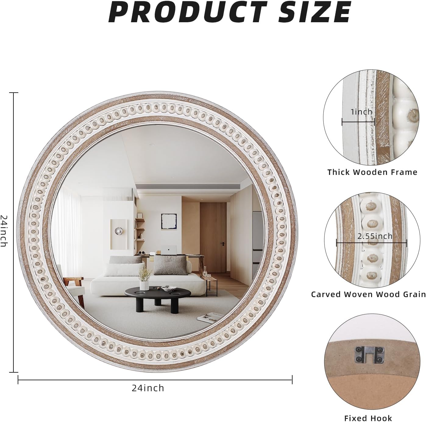 24 Inches Rustic Round Wall Mirrors - Wooden Farmhouse Circle Mirror for Bathroom, Entryway, Bedroom, Living Room, Entryway Decorative