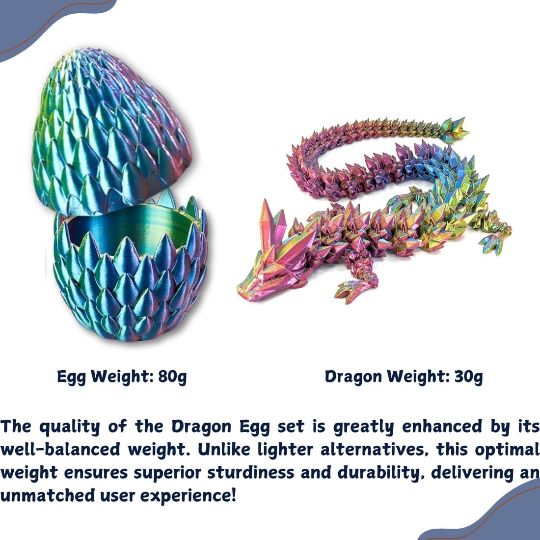 3D Printed 12” Articulated Crystal Dragon Inside 5.1” Egg – Fantasy Collectible, Fidget Toy & Stocking Easter Basket Stuffers for Home & Office Decor (Multicolor).