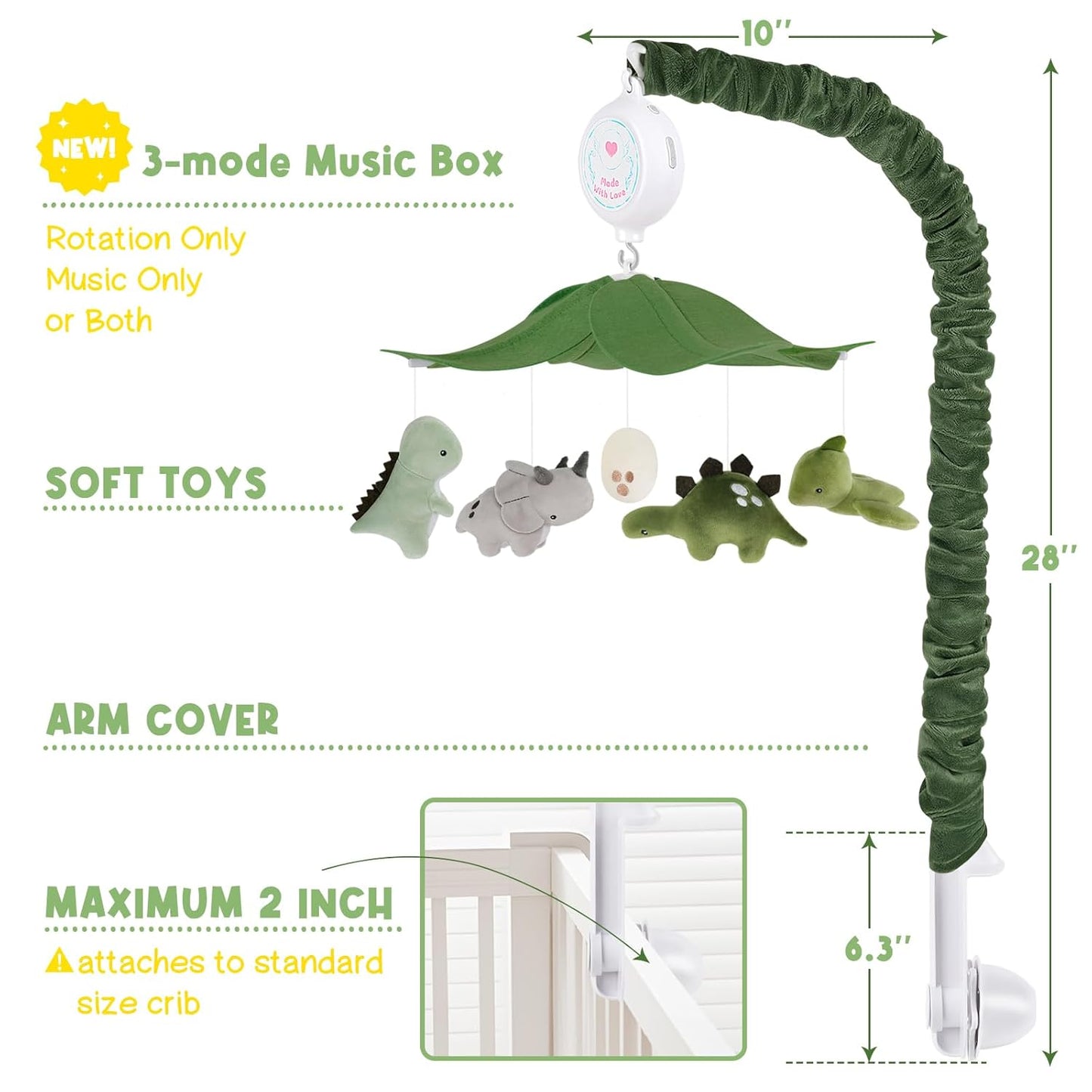 Dinosaur Crib Mobile – Grey and Green Dino Baby Crib Mobile with 3-Mode Music Box, Jurassic Dreams Baby Mobile for Boys & Girls, Nursery Mobiles, Fits Standard Cribs